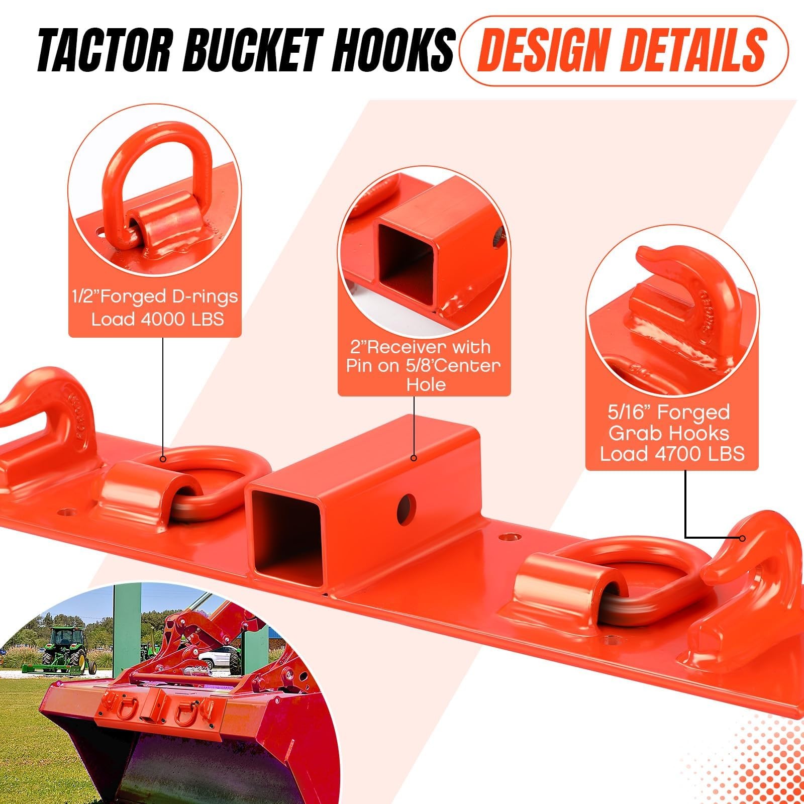 Bolt-On Tractor Bucket Hooks w/ 2″ Receiver | 4000LB D-Rings & 4700LB Hooks