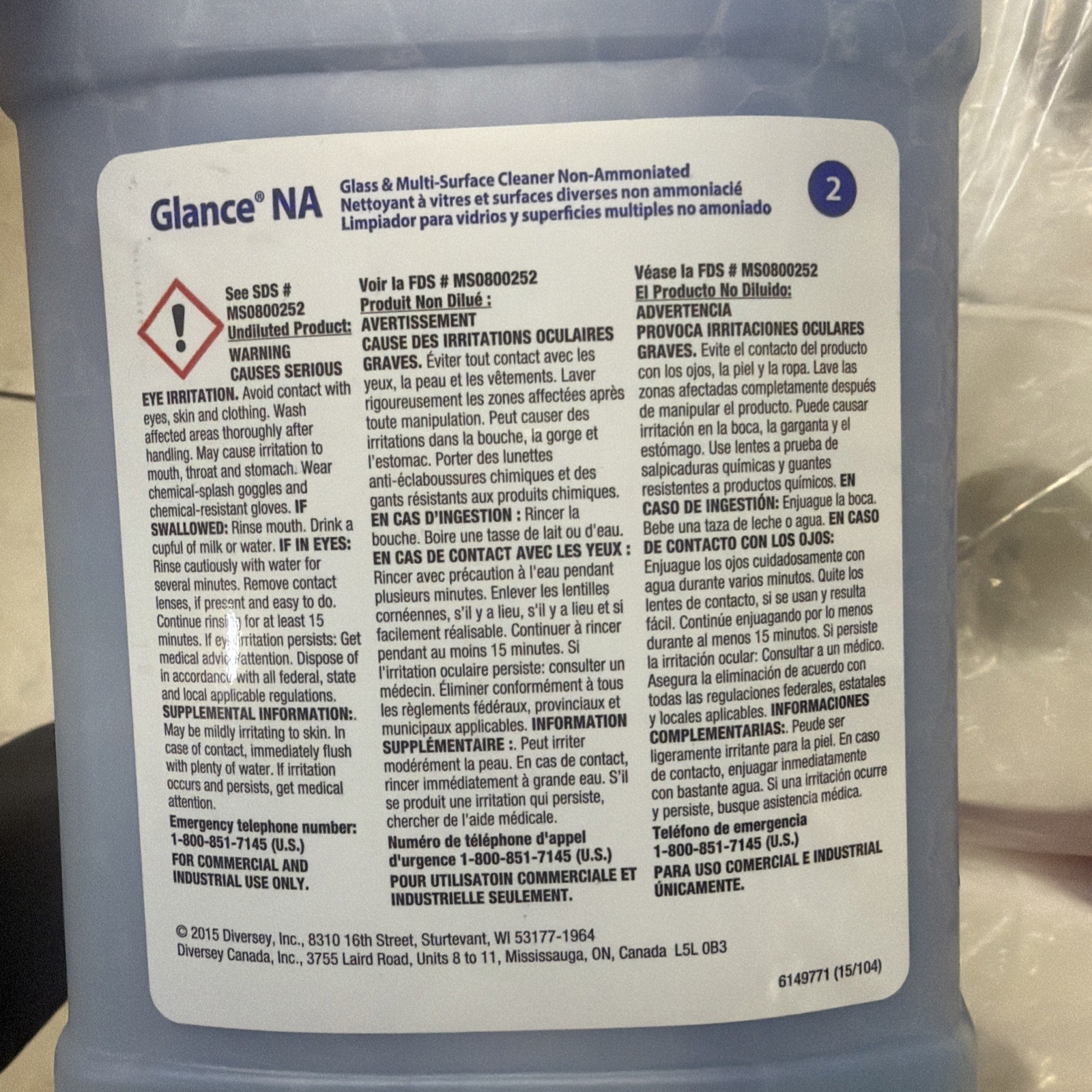 Diversey Lot of 2 Glass & Multi-surface Cleaner, 2.5L, Blue, Unscented,
