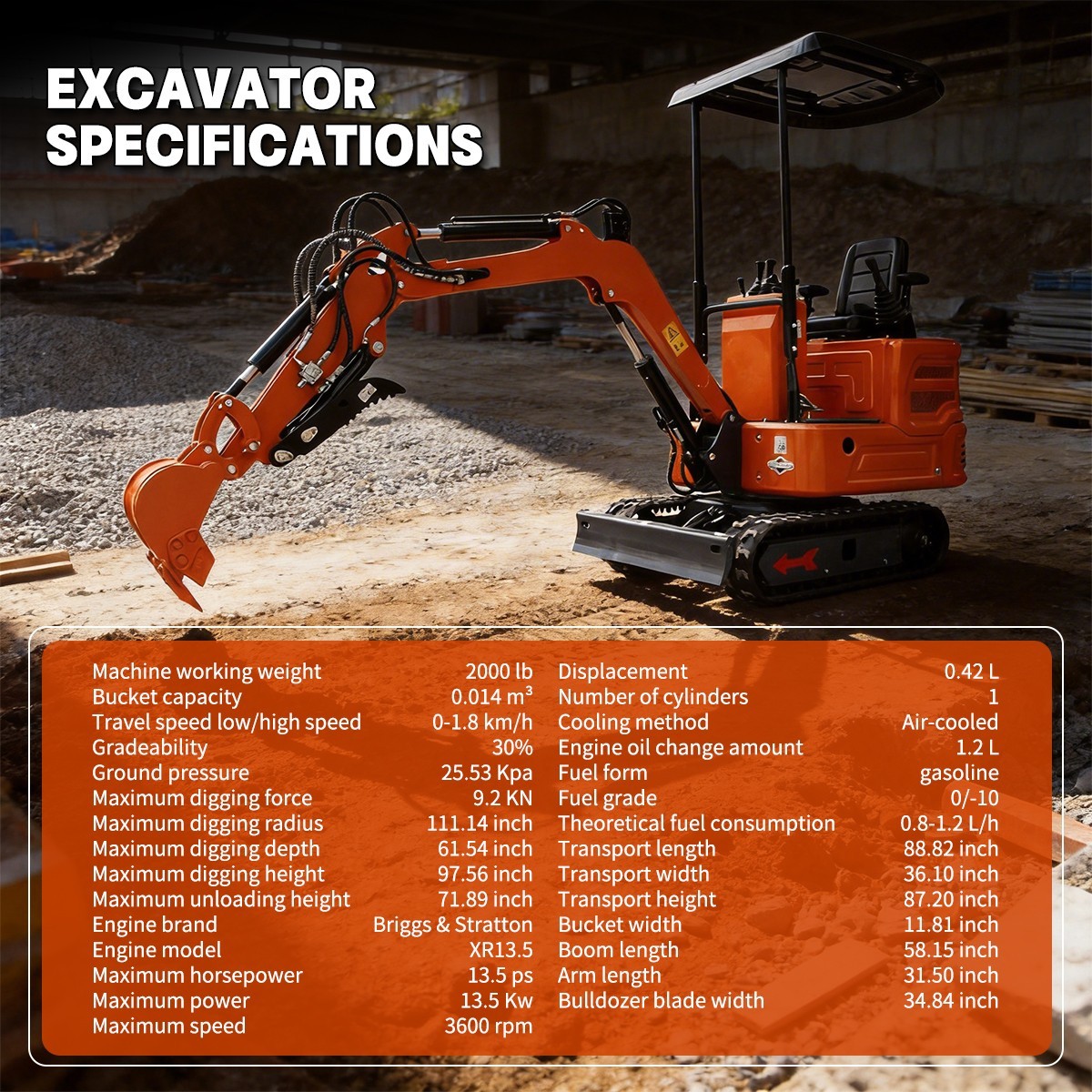 1 Ton Mini Excavator + Mini Skid Steer Loader 13.5HP B&S Gas EPA Free Shipping