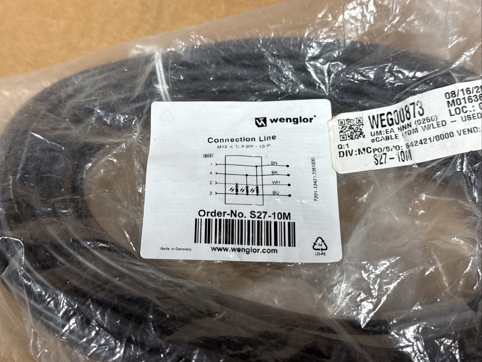 NEW WENGLOR S27-10M Cordset Cable w/ LED M12 4-Pin 10M Length FAST SHIPPING