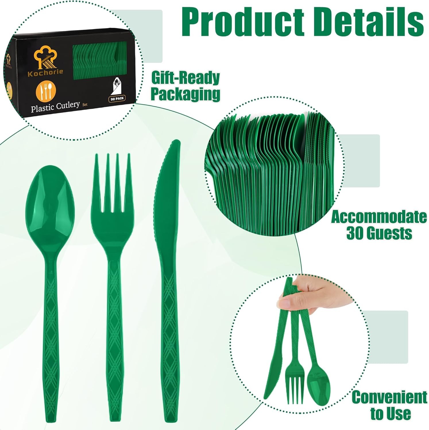 90 Pieces Dark Green Plastic Cutlery Set Disposable Plastic Utensils Heavy Duty