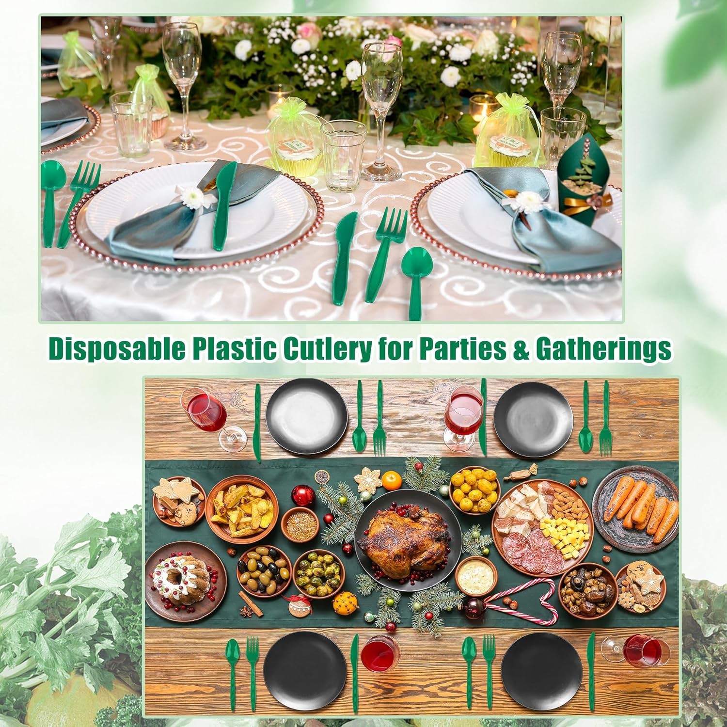 90 Pieces Dark Green Plastic Cutlery Set Disposable Plastic Utensils Heavy Duty