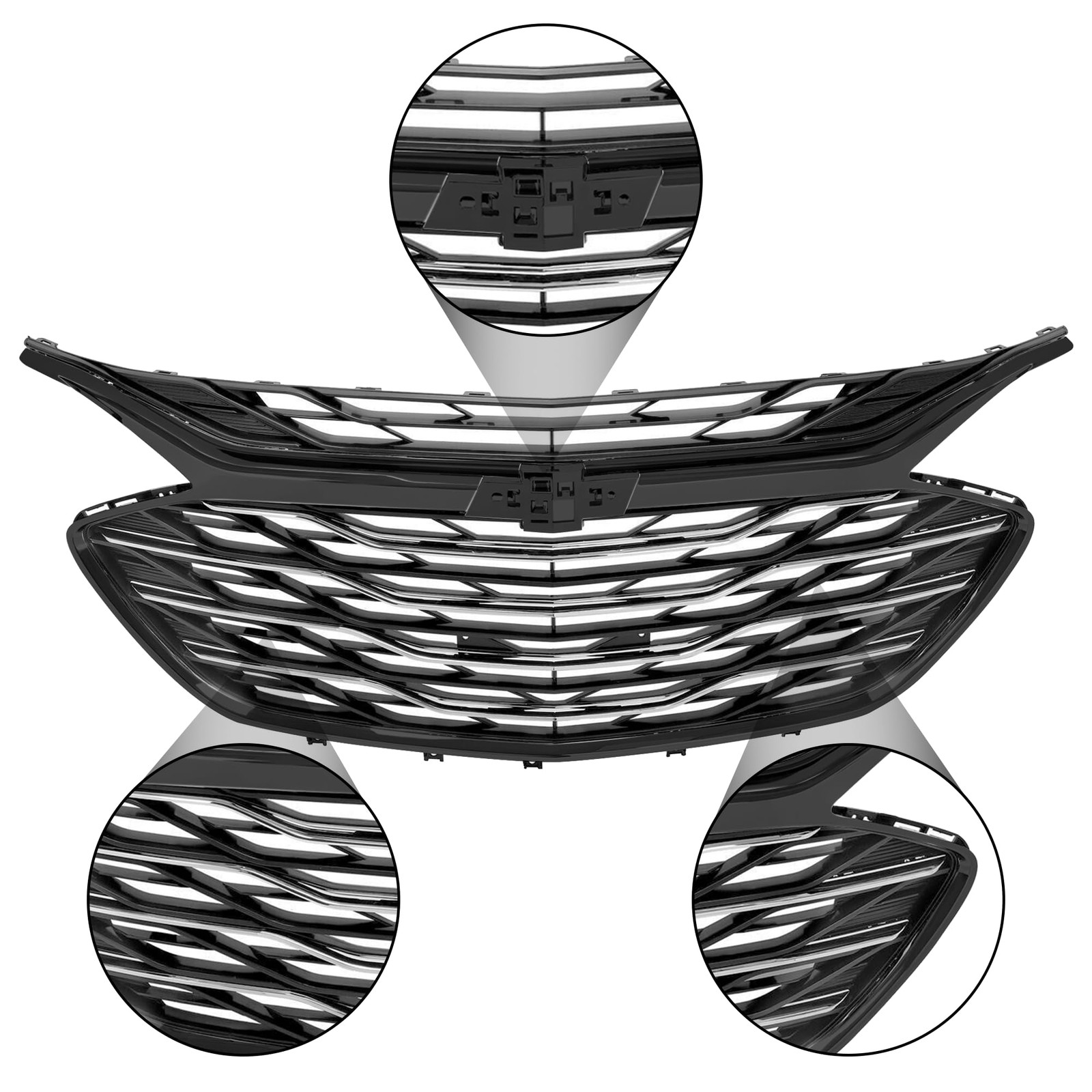 3PCS Front Upper Grille Lower Grill Chrome Molding For 2019-2023 Chevy Malibu