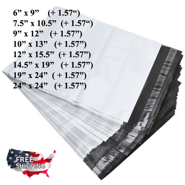 Poly Mailers 6×9 7.5×10.5 9×12 10×13 12×15.5 14.5×19 19×24 24×24 White Shipping