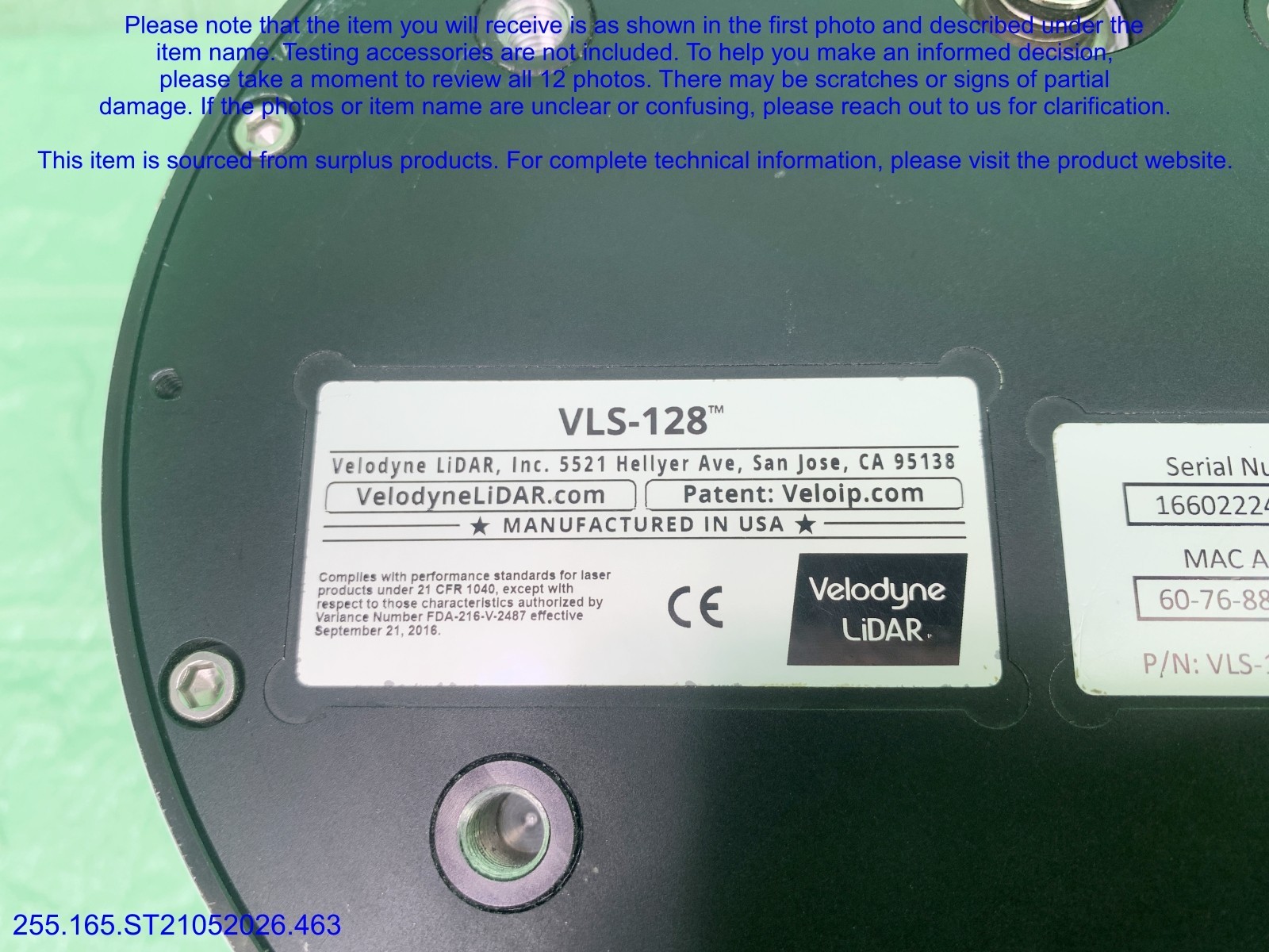 Velodyne VLS-128 LiDAR Sensor MISSING cables as in photos, sn:0025, DHL