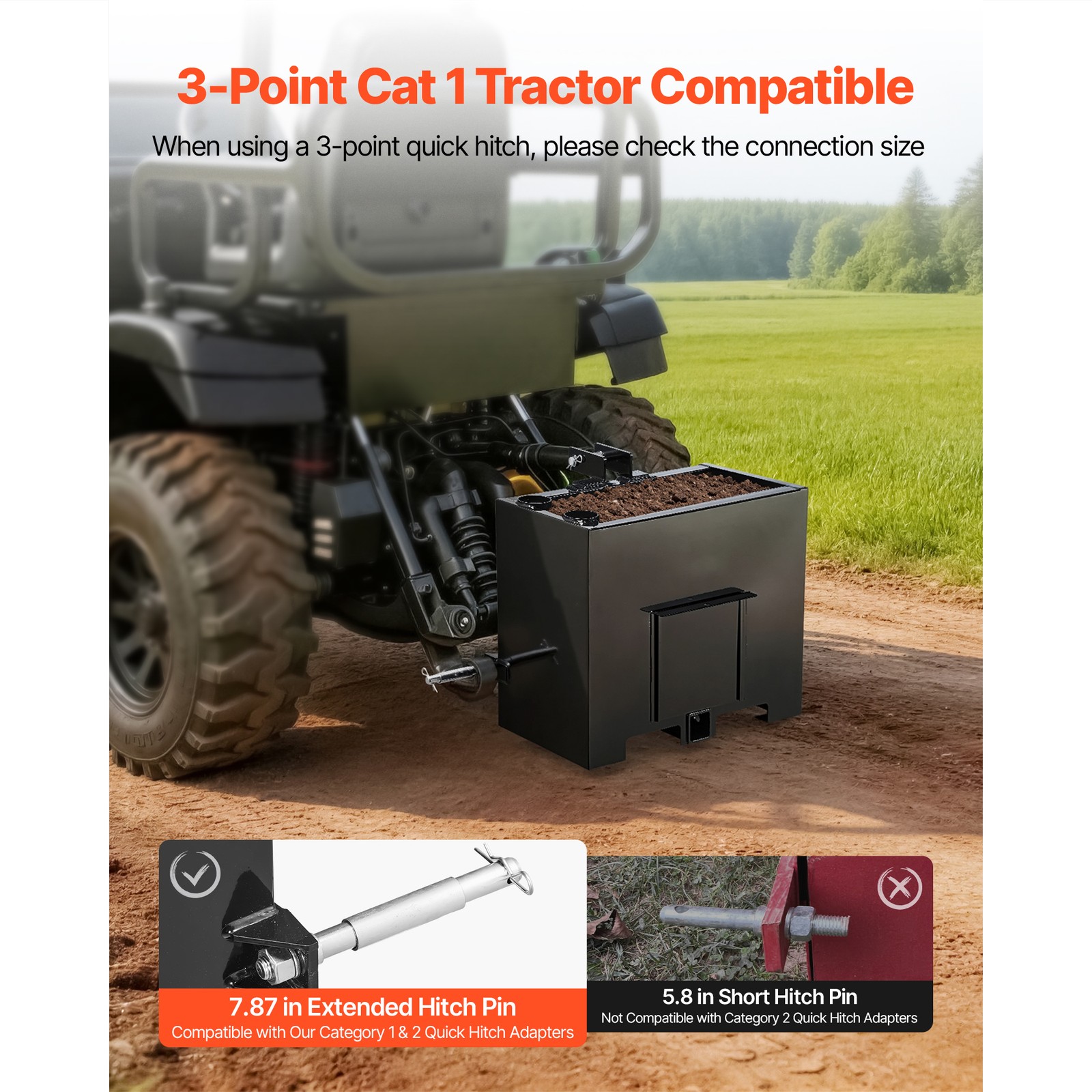 Uimoso Ballast Box 3 Point Hitch Category 1 Tractor 3.2ft³ Capacity 800lb Black