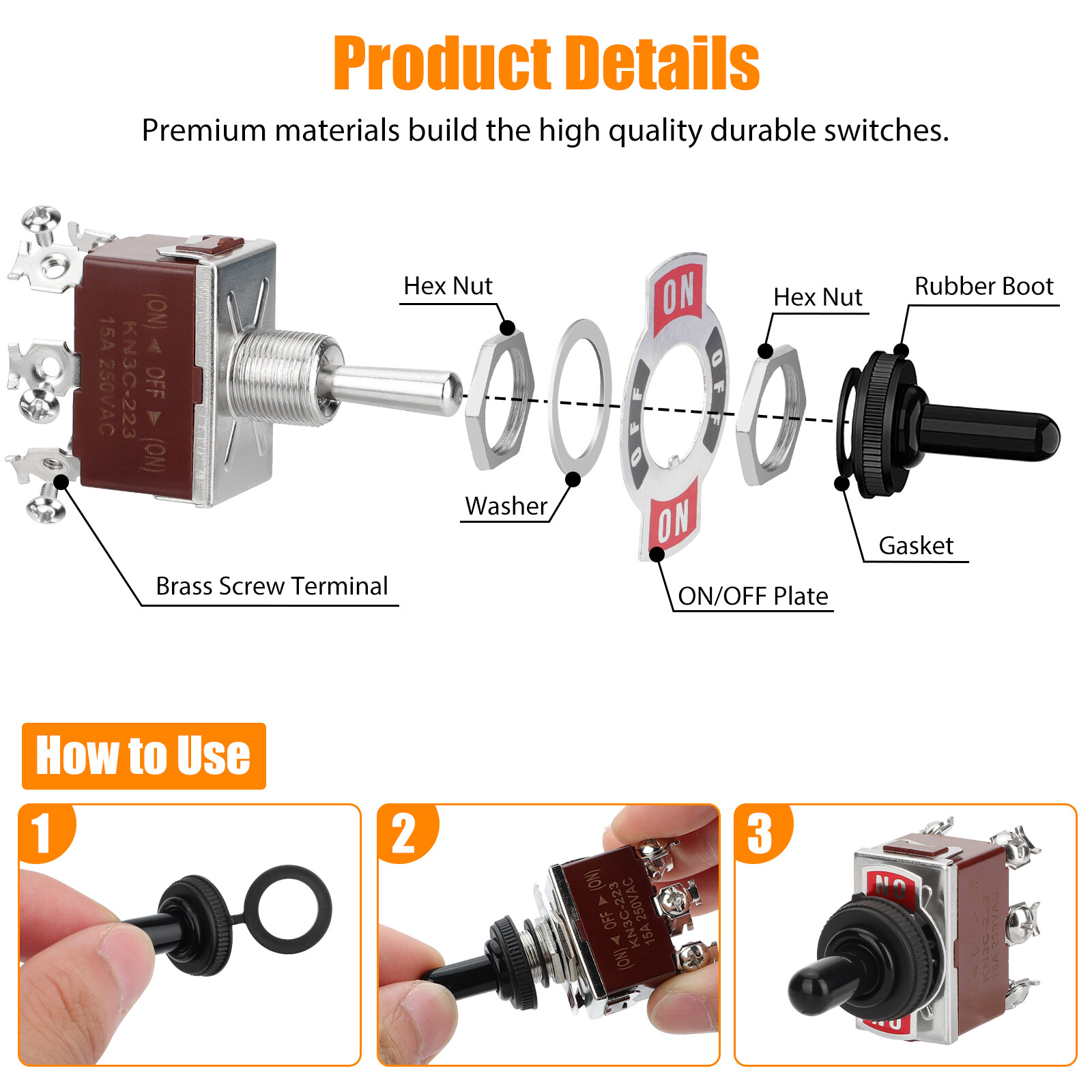3pcs 6Pin Heavy Duty Momentary DPDT ON/OFF/ON Toggle Switch 20A 125V Waterproof