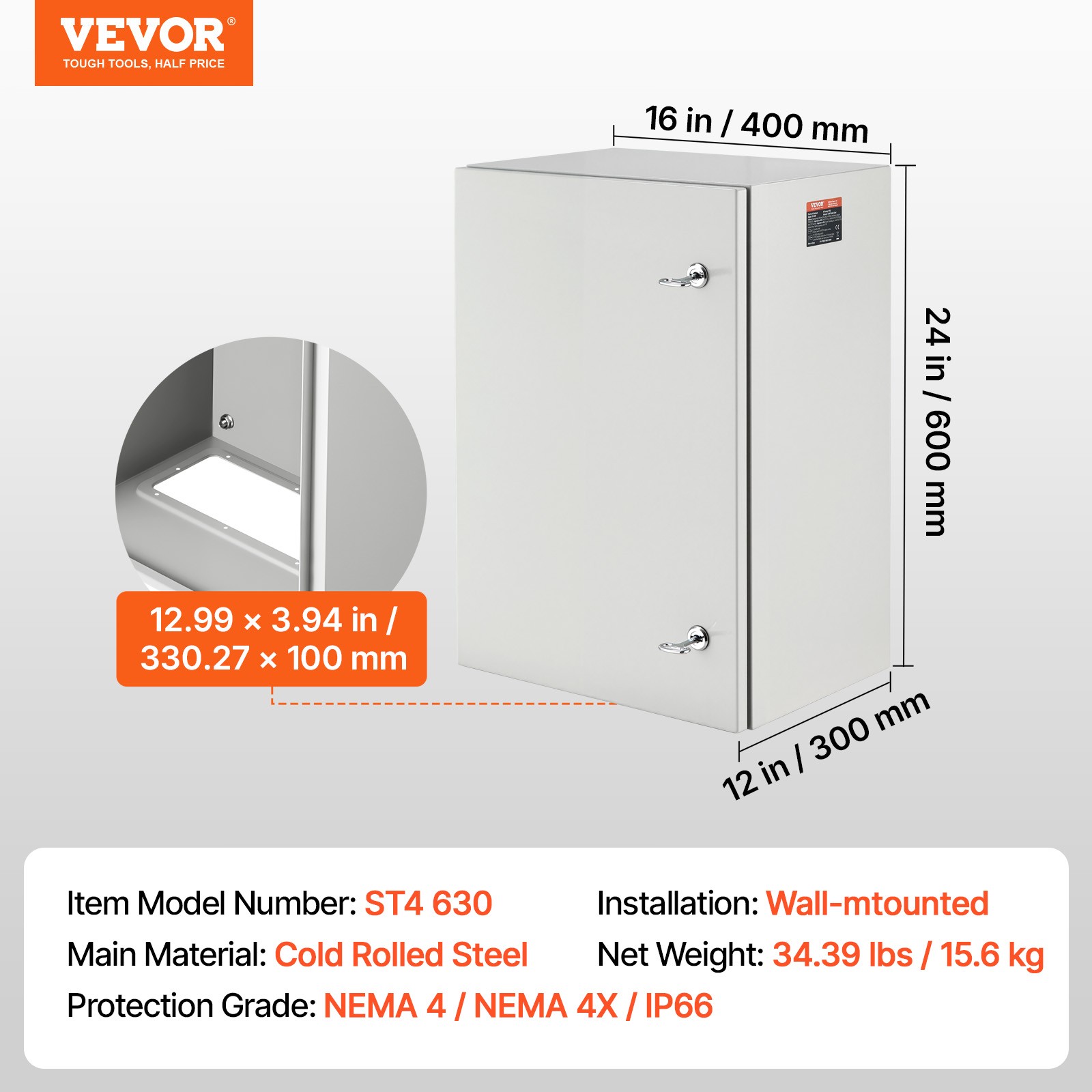 VEVOR Steel Electrical Box Electrical Enclosure Box 24x16x12” Carbon Steel IP65