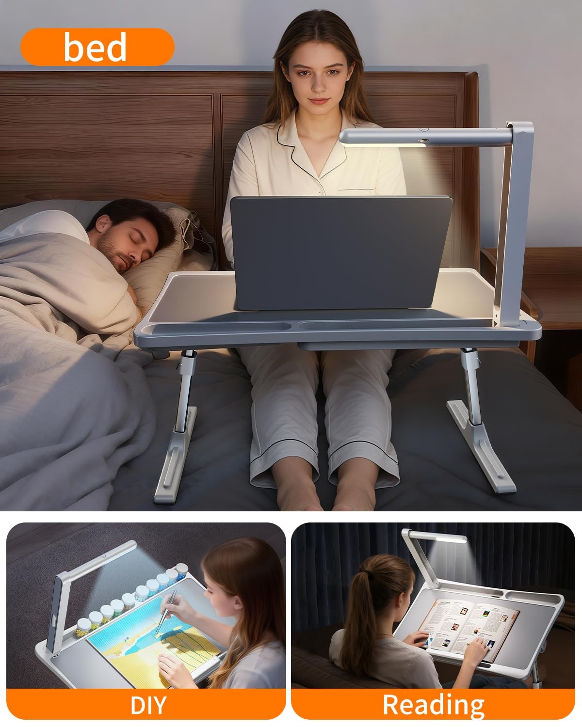 Laptop Desk Bed Table with LED Light,Adjustable Lap lapdesk light, White