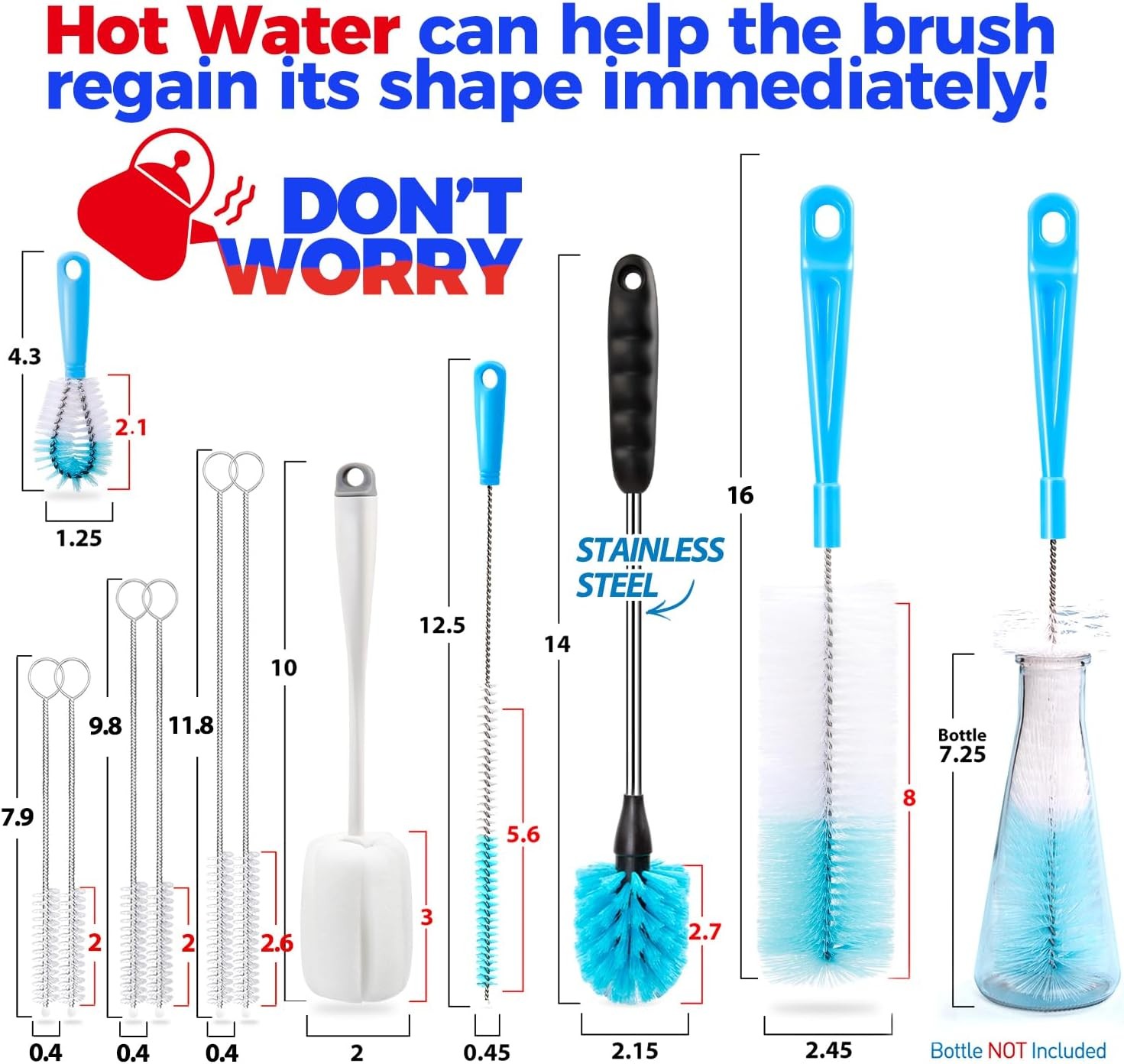 Holikme Bottle Brush Tube Cleaning Lab Set with Long Handle, Cup Cleaner for Was