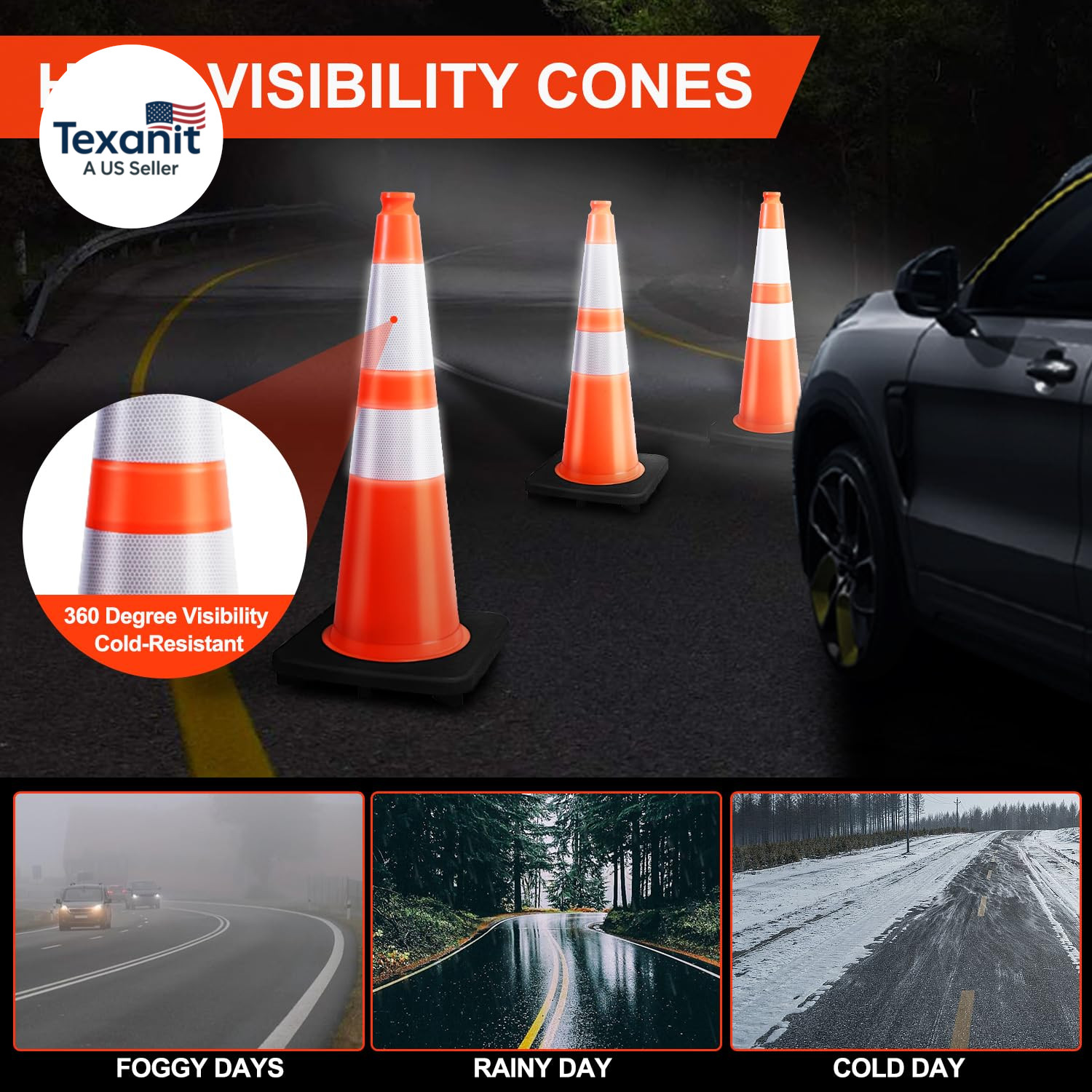 (8 Cones) 28” Inch Orange PVC Traffic Cones, Black Base Construction Safety Con