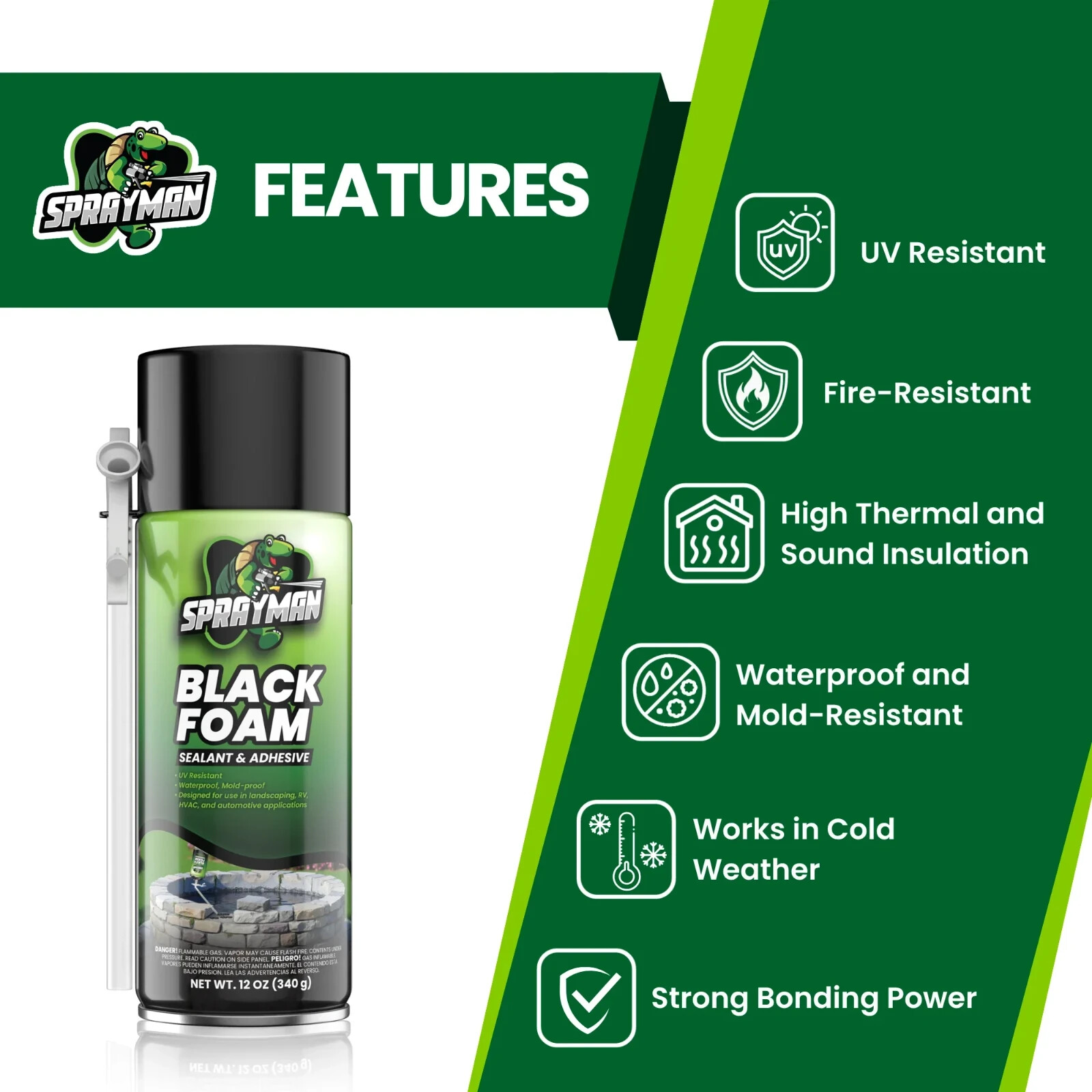 Sprayman Black Foam Sealant – Pond Waterfall Landscaping, 12oz 2 Pk – Straw Use