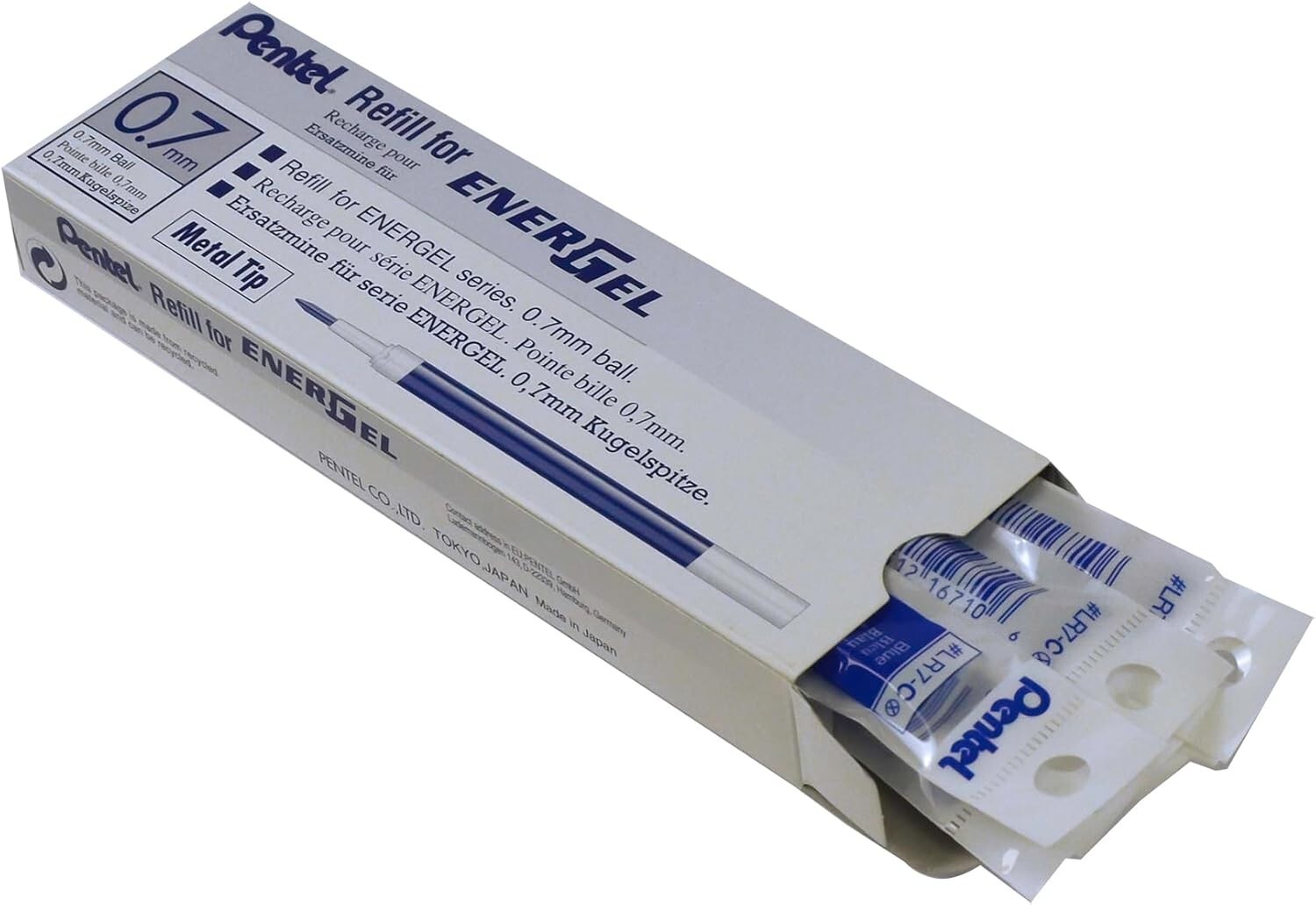 Pentel Refill Ink for EnerGel Liquid Gel Pen, 0.7mm, Blue Ink, Box of 12