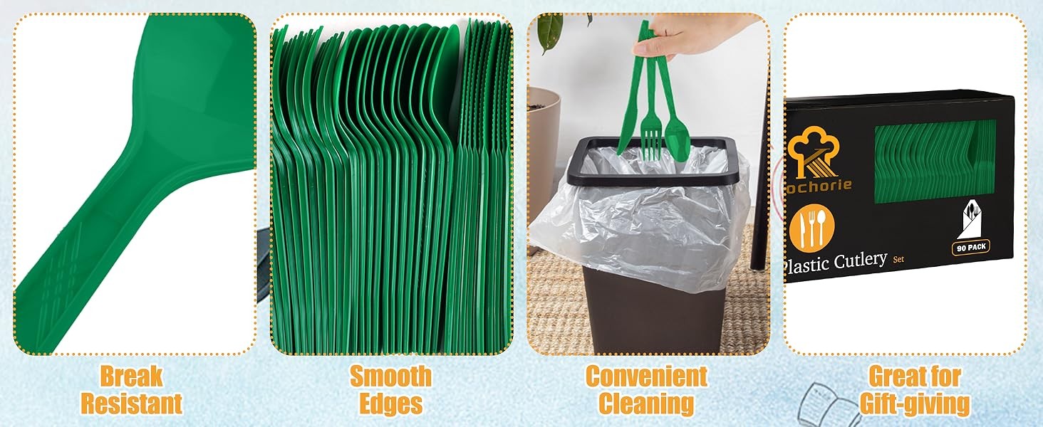 90 Pieces Dark Green Plastic Cutlery Set Disposable Plastic Utensils Heavy Duty