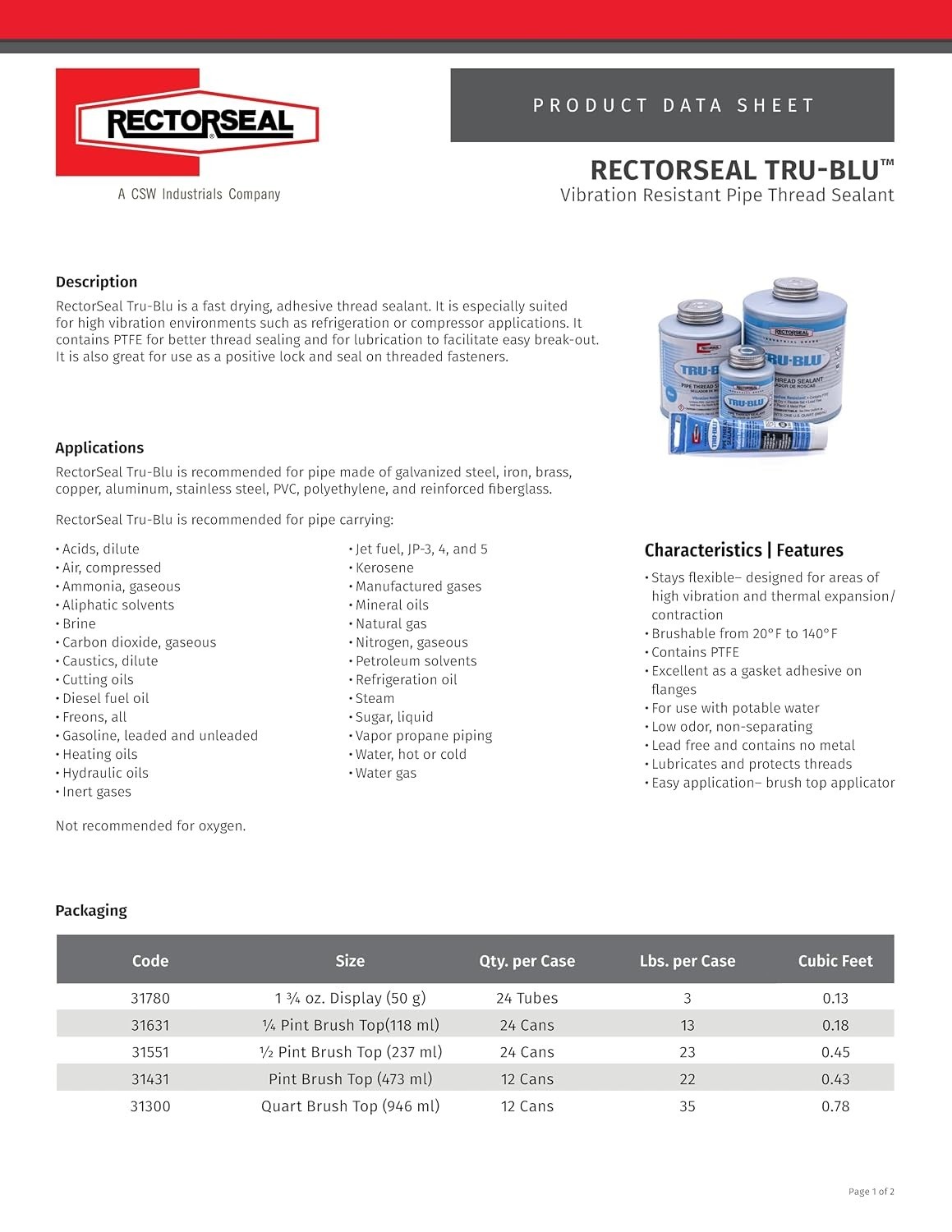 RectorSeal Tru-Blu 31631 Pipe Thread Sealant, Fast-Dry, PTFE Enriched, Plumbing