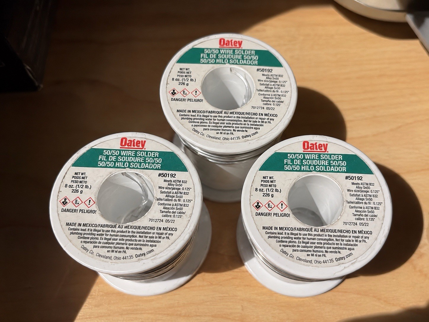 Oatey 50/50 Wire Solder 1.5 Lb / 24 Oz – 0.125” Diameter (3 Rolls Of 0.5lb)