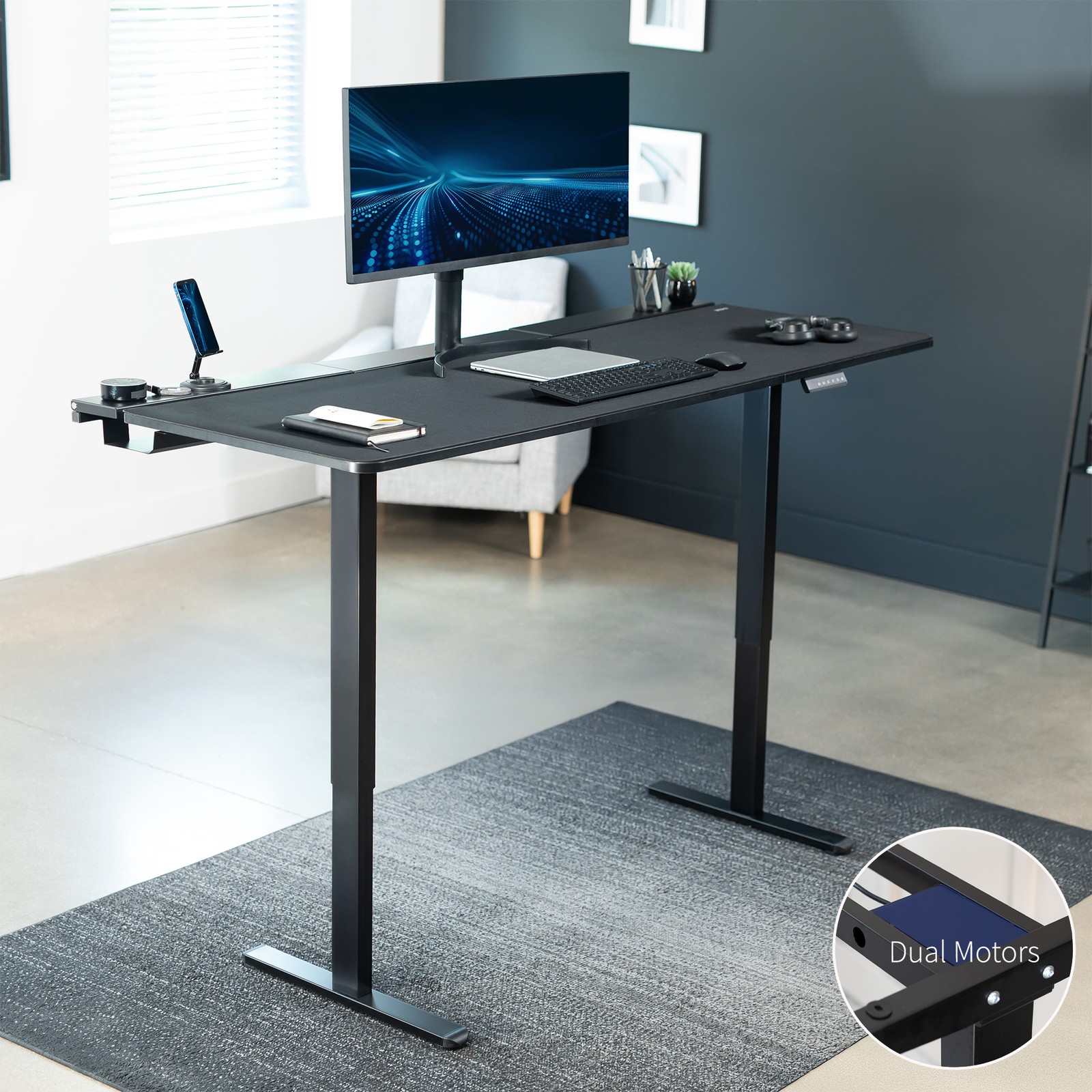 VIVO Electric 71″ x 30″ Desk, Full Pad, Black Hidden Cable Tabletop, Black Frame