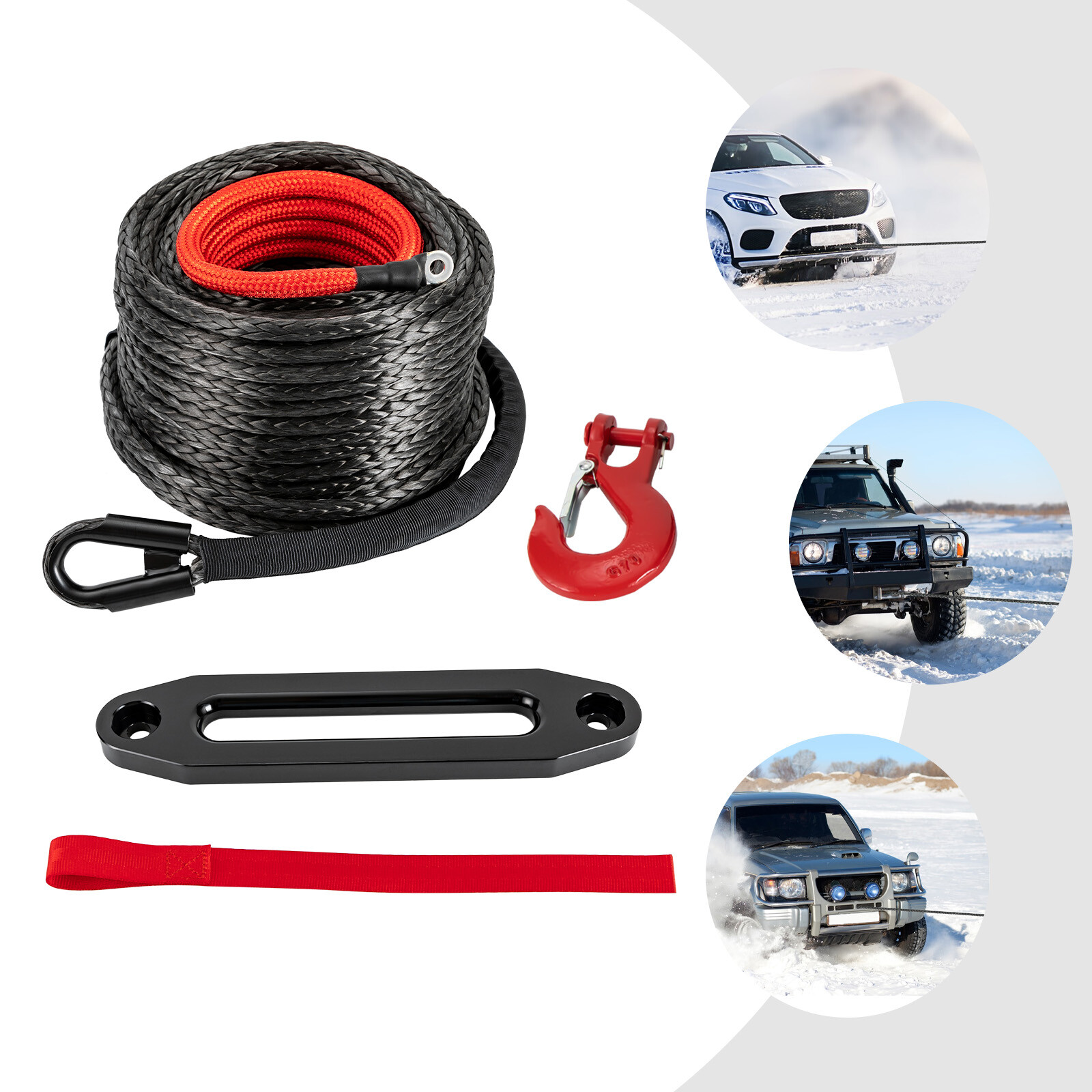 Lightweight Synthetic Winch Rope with Hook – 23809 lbs Breaking Strength