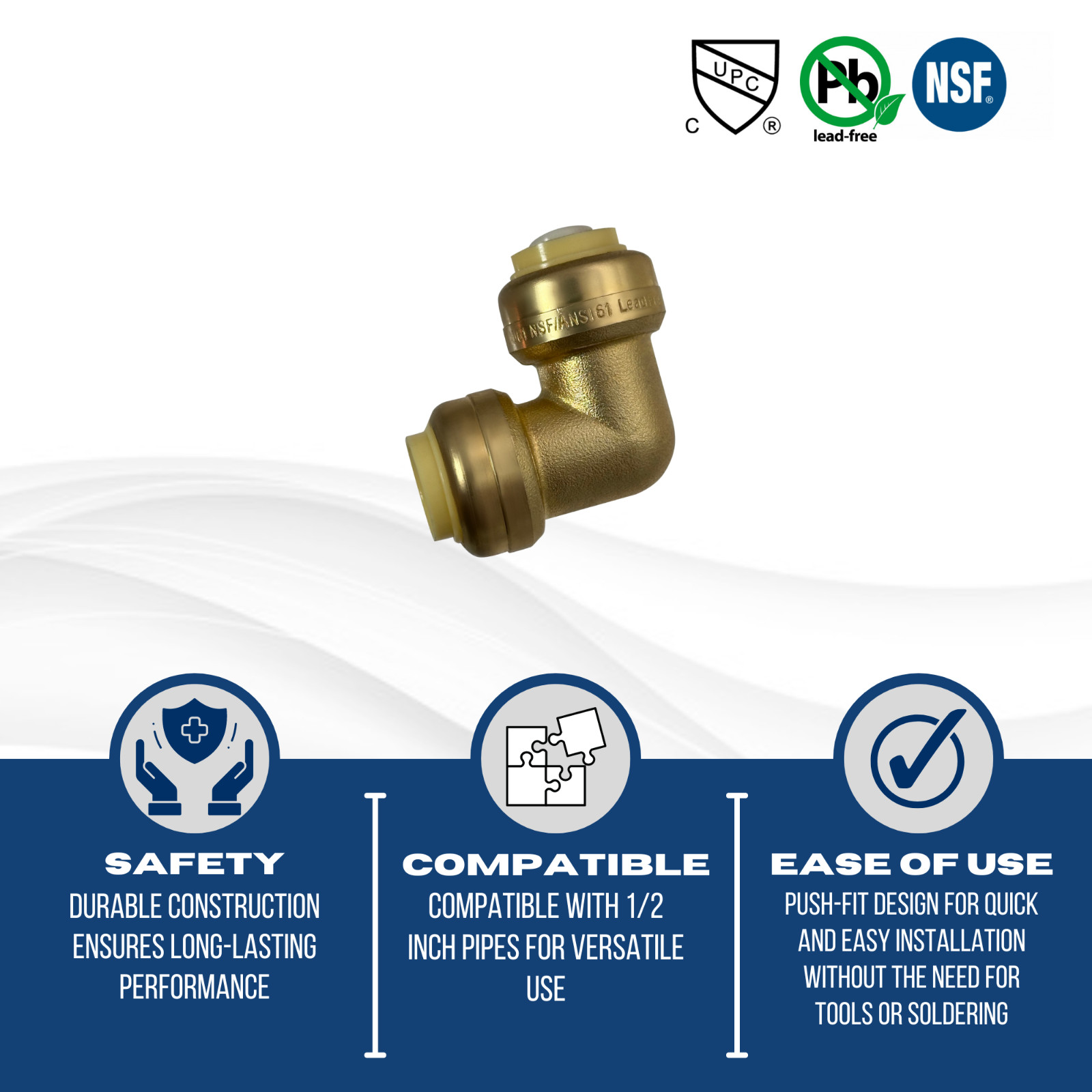 5 PIECES 1/2″ X 1/2″ PUSH FIT ELBOW FITTINGS – LEAD FREE BRASS