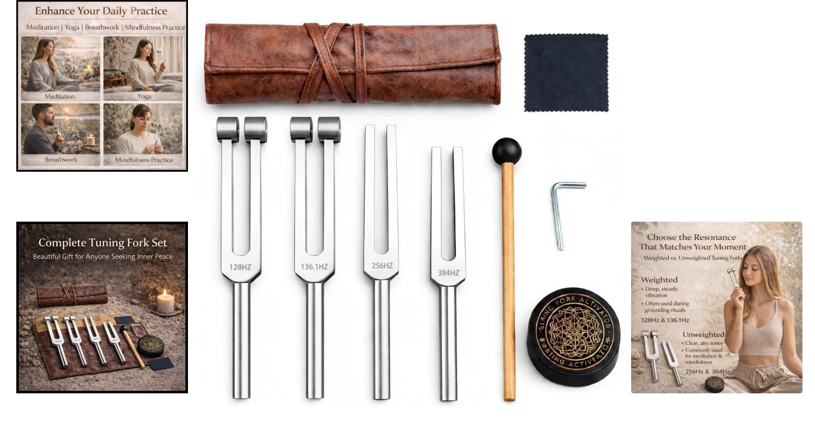 Tuning Forks for Healing Set (128Hz, 136.1Hz, 256Hz & 528Hz) — Let Vibrati