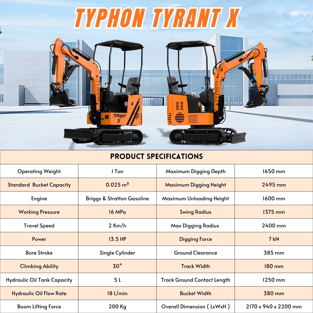 Free Ship TYPHON TYRANT X 1Ton Mini Excavator USA 13.5HP include 12 Attachments