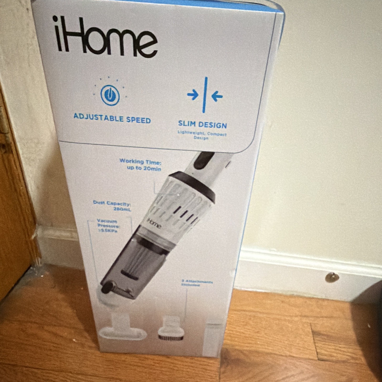 iHome Cordless Handvac w/ Stand, HEPA Bagless 280mL, Adj Speed, Tools