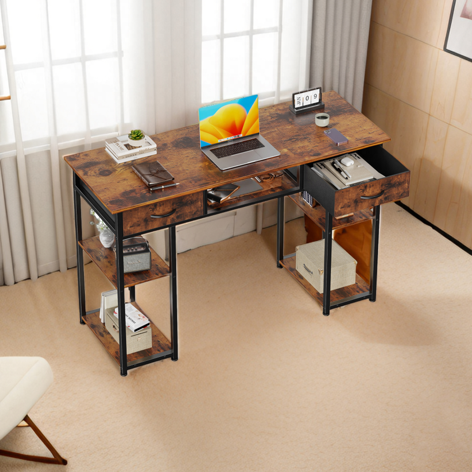 48″ Office Computer Desk,Home Study Table with Storage Shelf & 3 Fabric Drawers