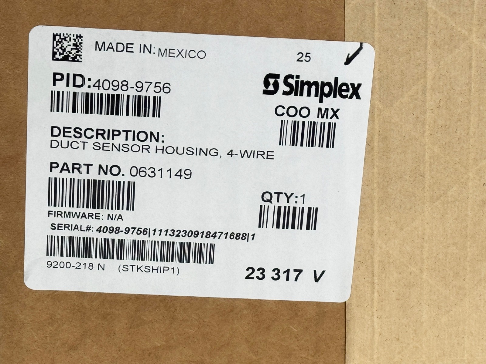 NEW SIMPLEX 4098-9756 TrueAlarm Duct Sensor Housing 4- Wire 0631149