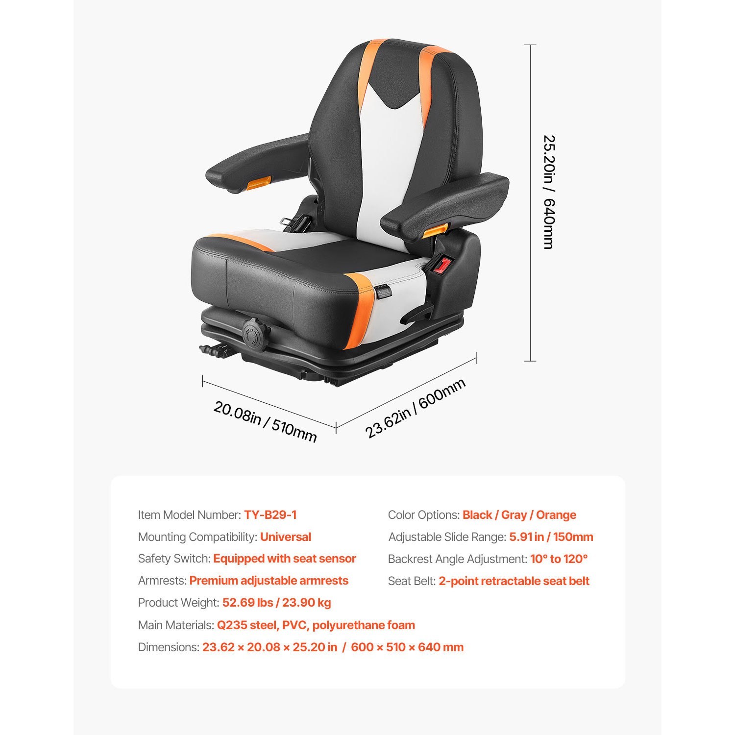 Universal Forklift Seat Tractor Suspension Seat Chair Fold Down Adjustable Back