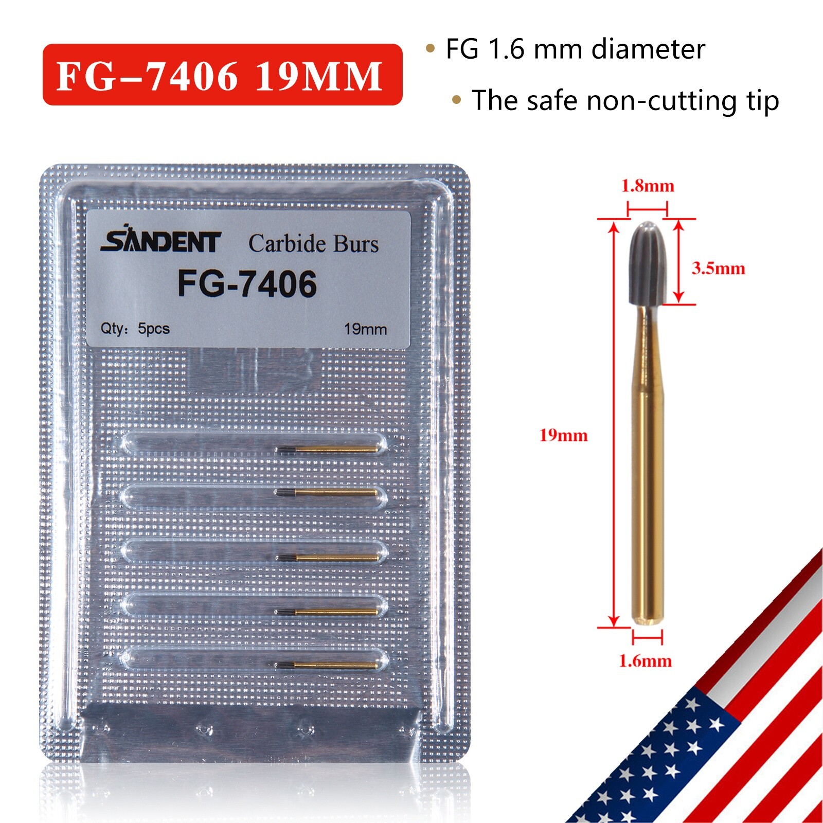 5 packs Dental Tungsten Carbide Burs Trimming & Finishing Egg Football FG 7406