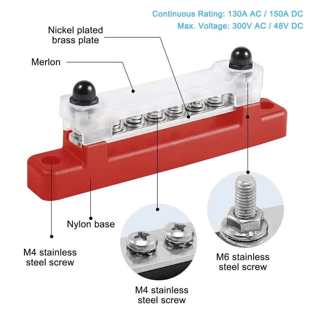 6 Way Bus Bar Terminal 150A Screws Power Distribution Battery Block For Car Boat