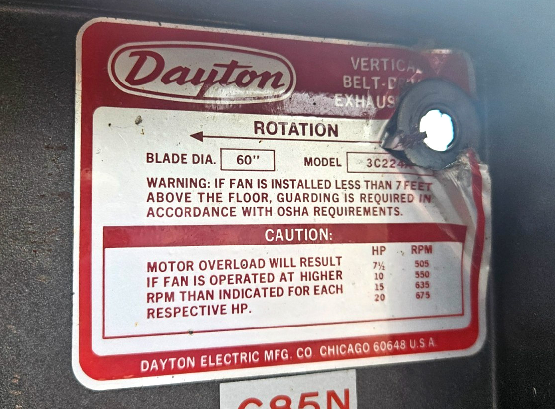 Dayton 60″ Belt Driven Exhaust Fan 6 Blade 66″X66″ Frame 10Hp 3Ph 230/460V 3C224