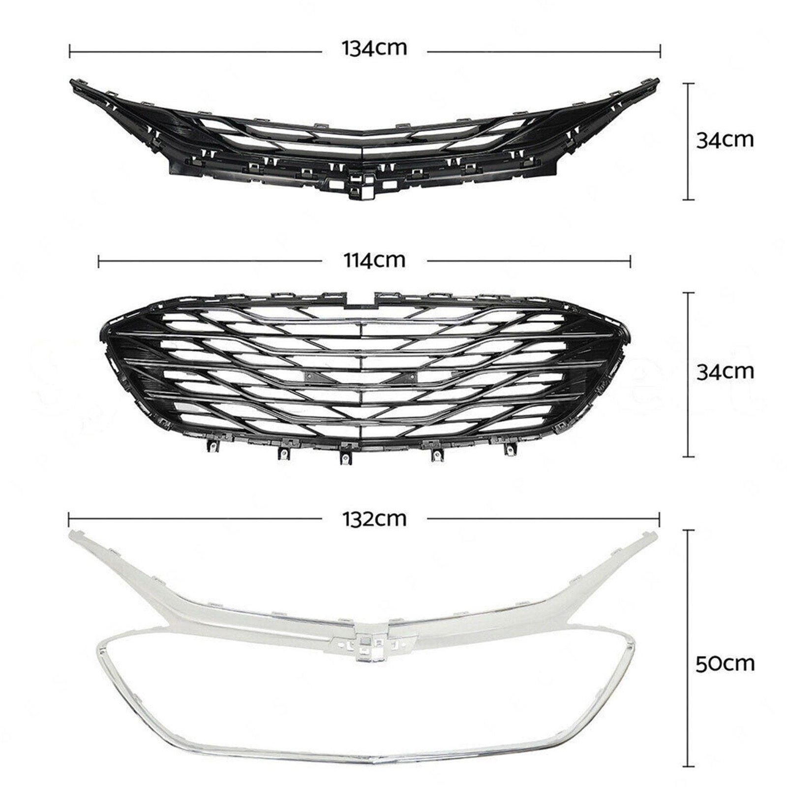 3PCS Front Upper Grille Lower Grill Chrome Molding For 2019-2023 Chevy Malibu