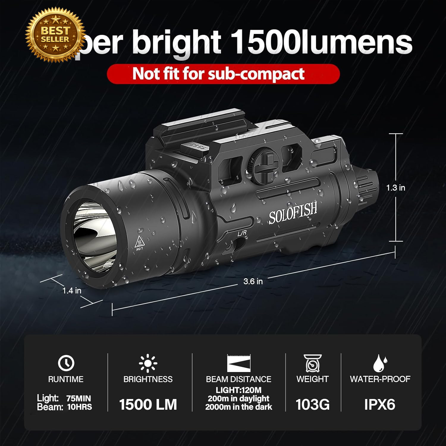 1500Lm Tactical Pistol Light Green Laser Combo Strobe Picatinny Rail USB