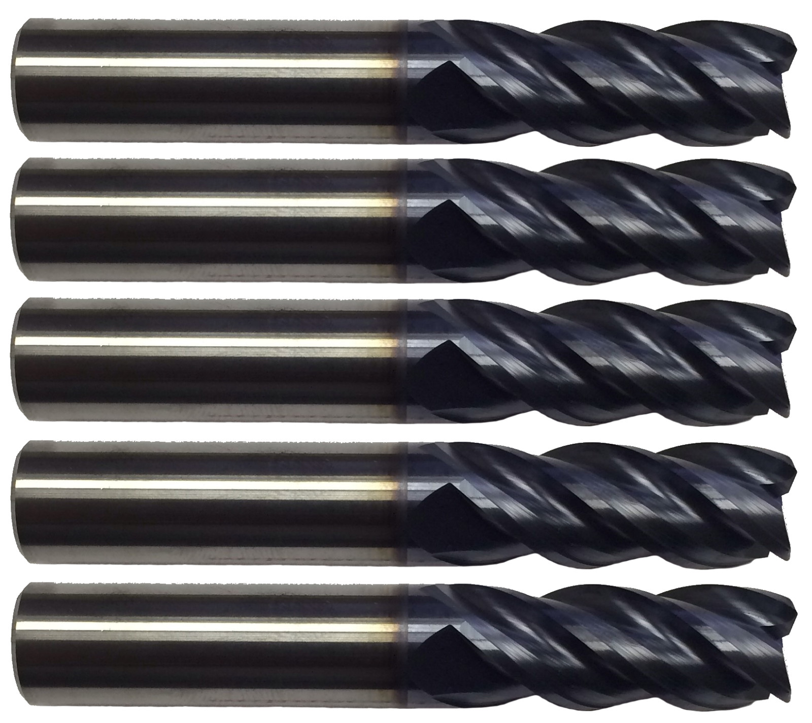5 PCS 1/4″ 4 FLUTE VARIABLE HELIX CARBIDE END MILL – .015 RADIUS – TiALN