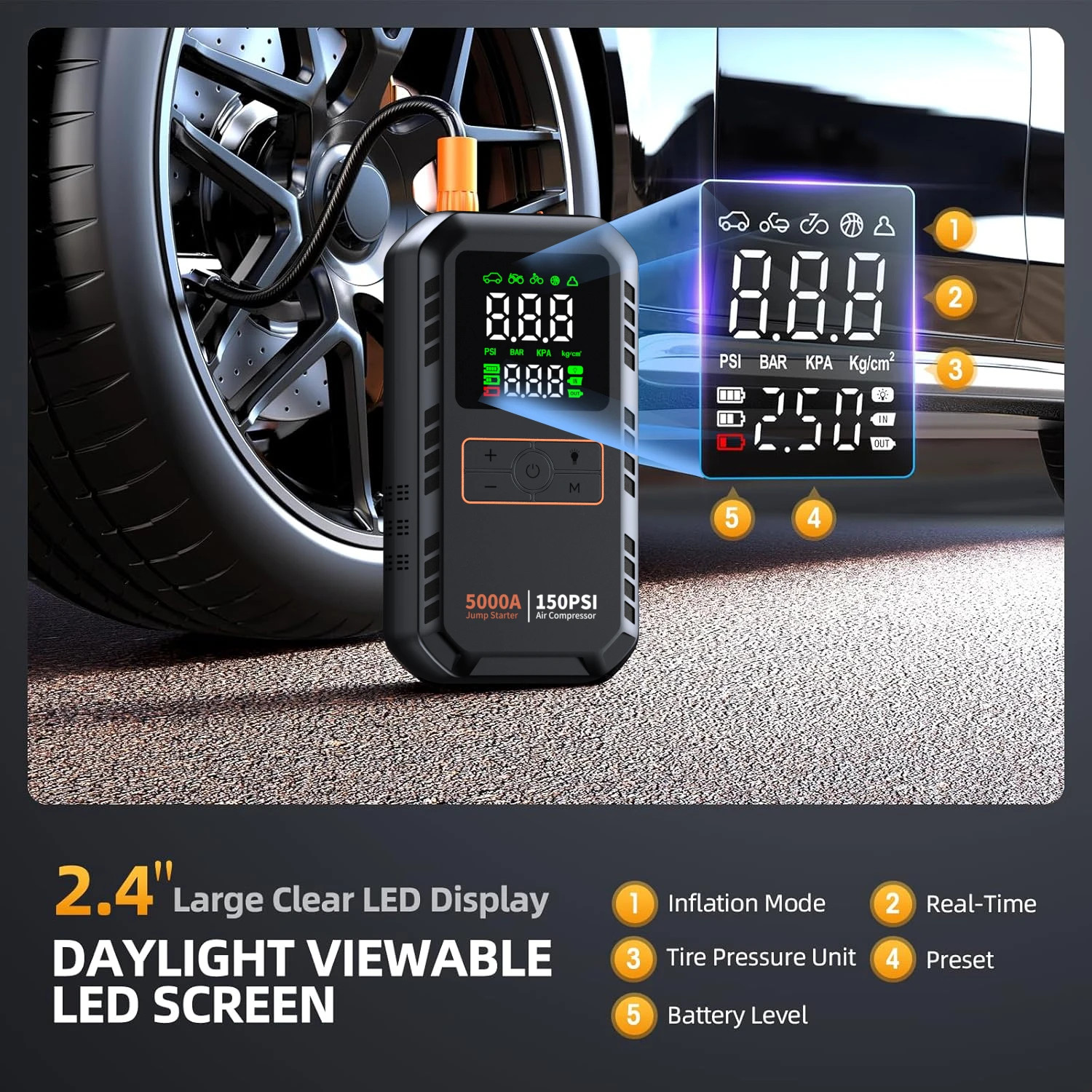 Car Jump Starter with Battery Booster Air Pump Portable Power Bank Tire Inflator