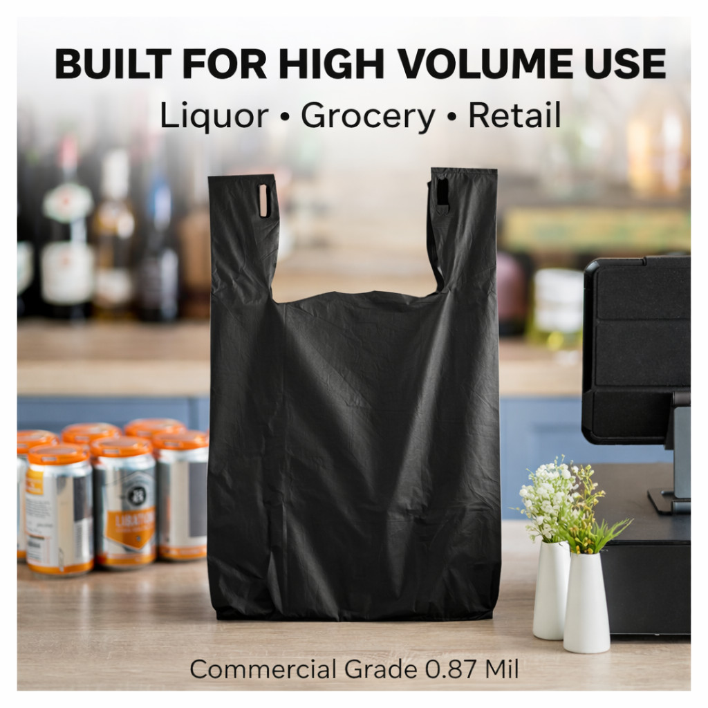 Bags 1/6 21 x 6.5 x 11.5 Heavy Duty .87 Mil BLACK T-Shirt Plastic Shopping Bags