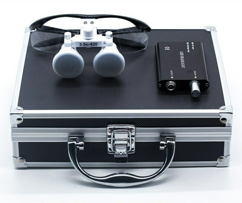 Dental 3.5X Binocular Loupes + 3W LED Head Light + Aluminum Box Black US STOCK