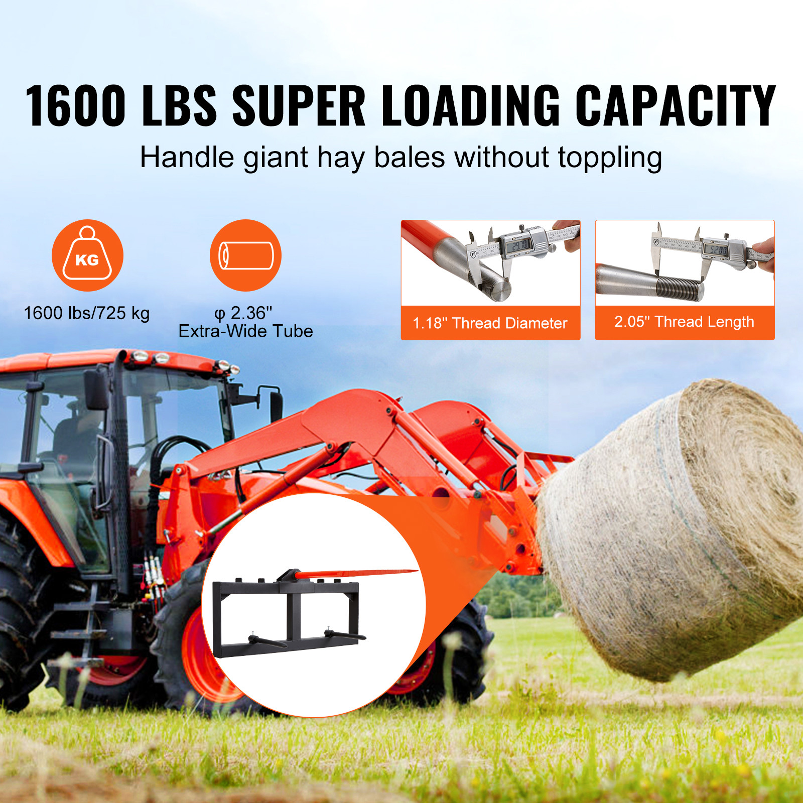 VEVOR 49″ Hay Spear Bale Spears Skid Steer Loader Tractor Attachment 1600lbs