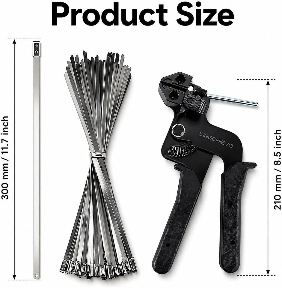 Heavy Duty Metal Zip Tie Gun Tool with 100 PCS 11.7″ Stainless Steel Cable Ties