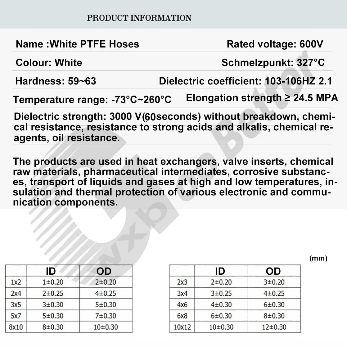 PTFE Tubing White ID=Φ0.5mm~Φ20.0mm PTFE Tubing Capillaries 600V PTFE Tubing