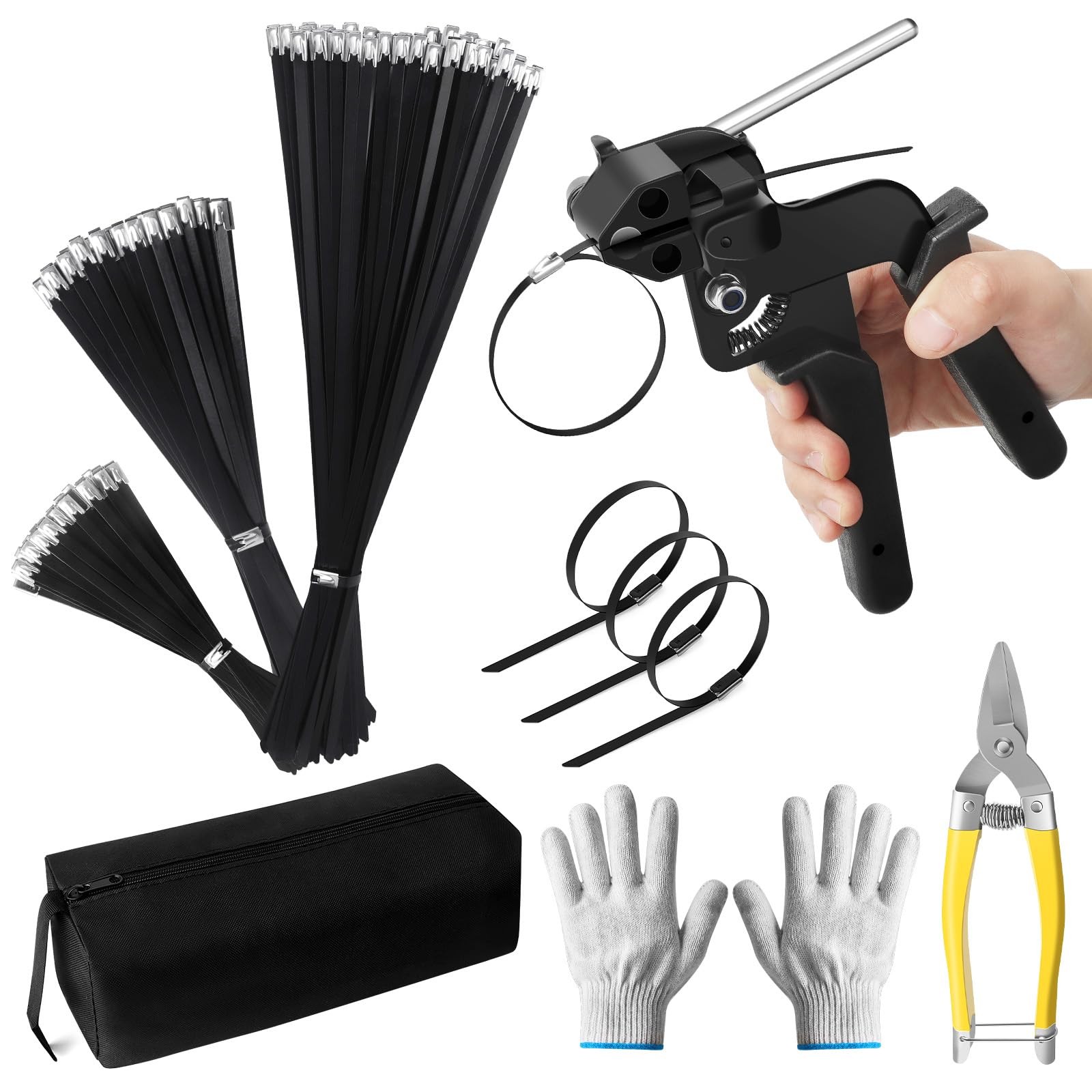 Metal Zip Ties Tool Set, Cable Tie Gun Kit with 150PCS Black Metal Zip Ties