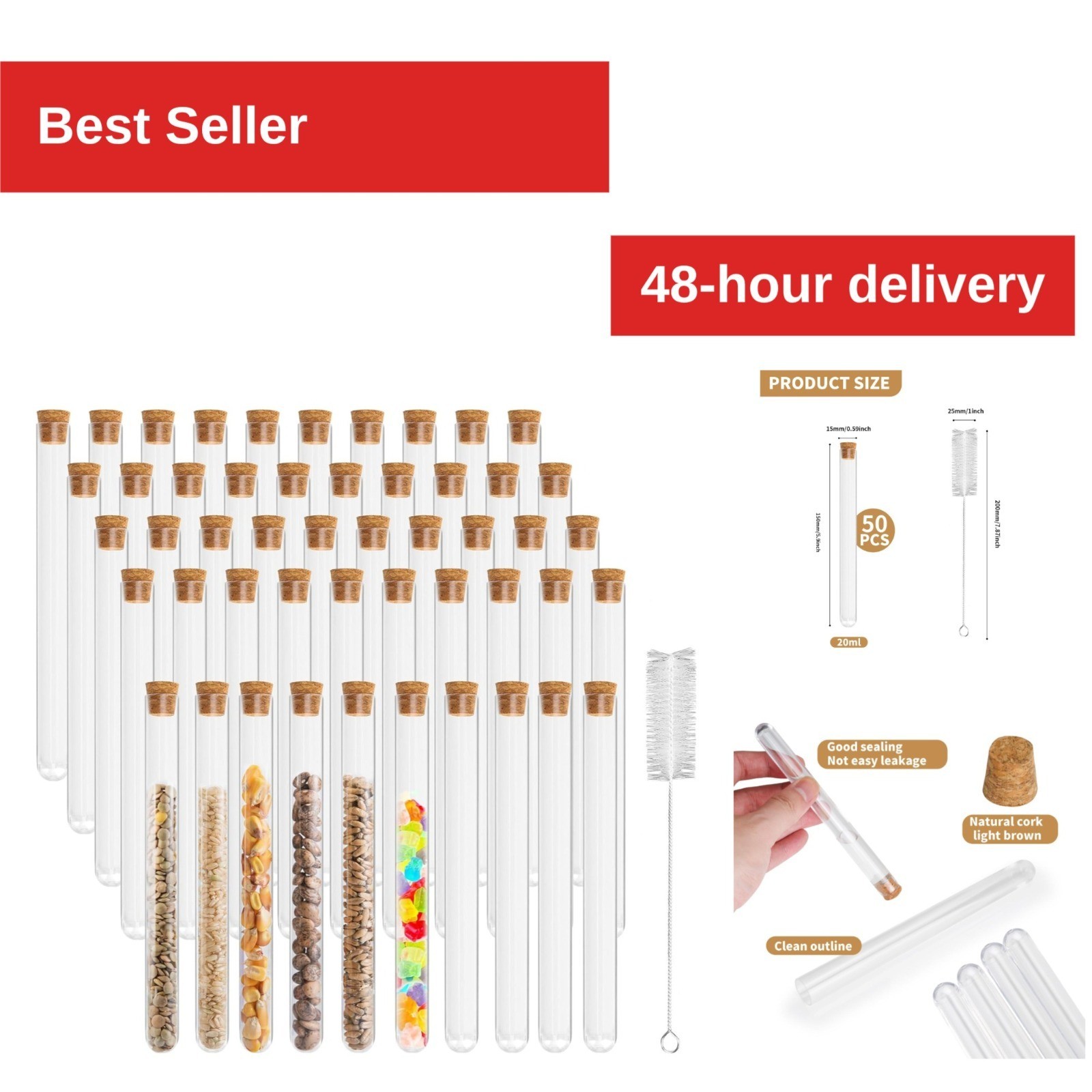 50 Pcs 20ml Test Tubes with Cork Stoppers | Clear Plastic Storage Tubes