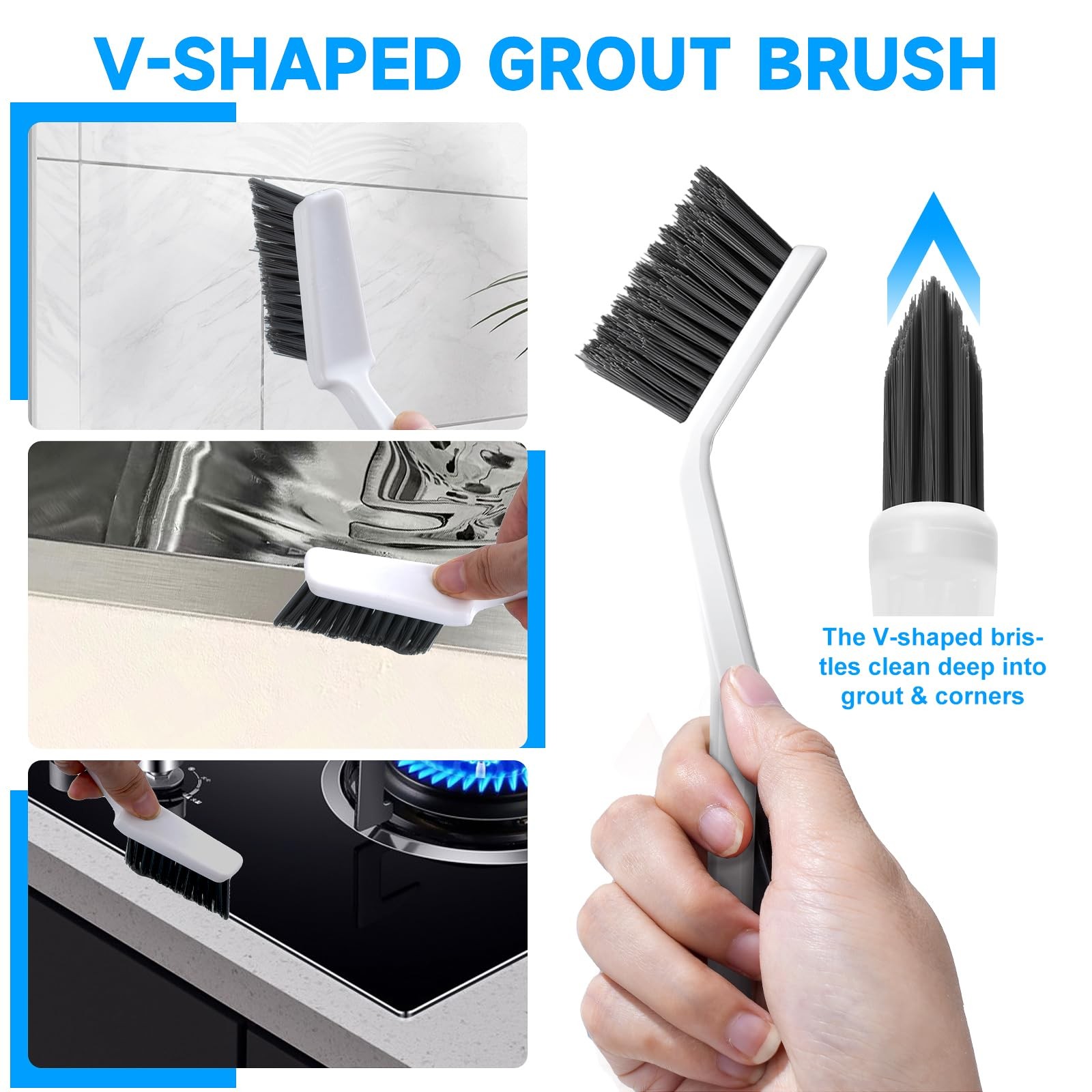 14Pcs Crevice Cleaning Brush Set, V Shape Grout Cleaner for Deep Black