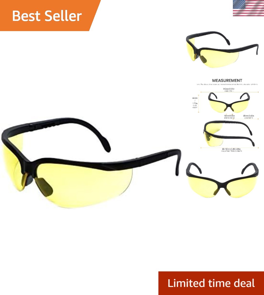 Full Rim Adjustable Safety Glasses with Yellow Tint for Indoor and Outdoor Use