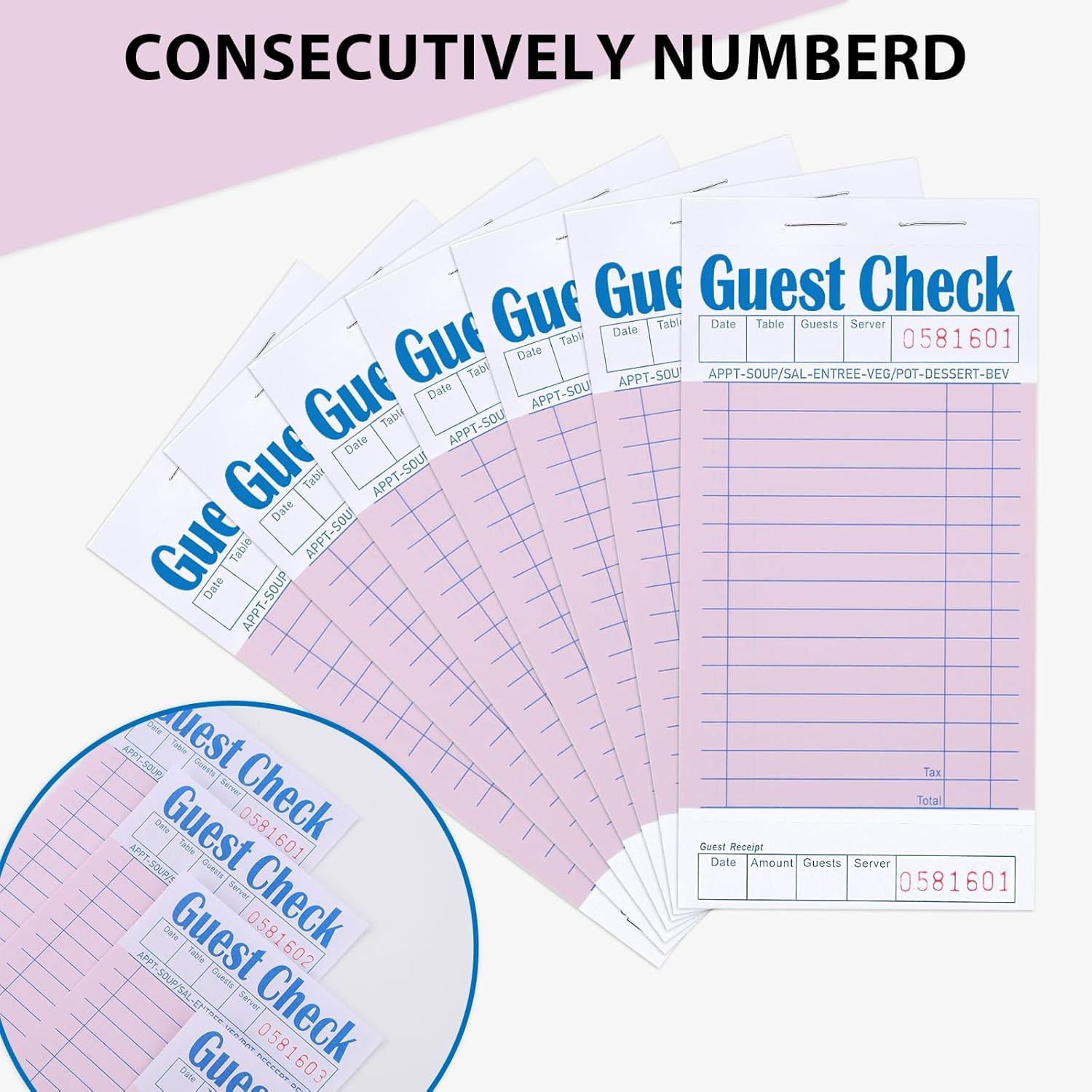 30 Pack Pink Guest Checks for Servers, Server Note Pads Waitress Check Pads with