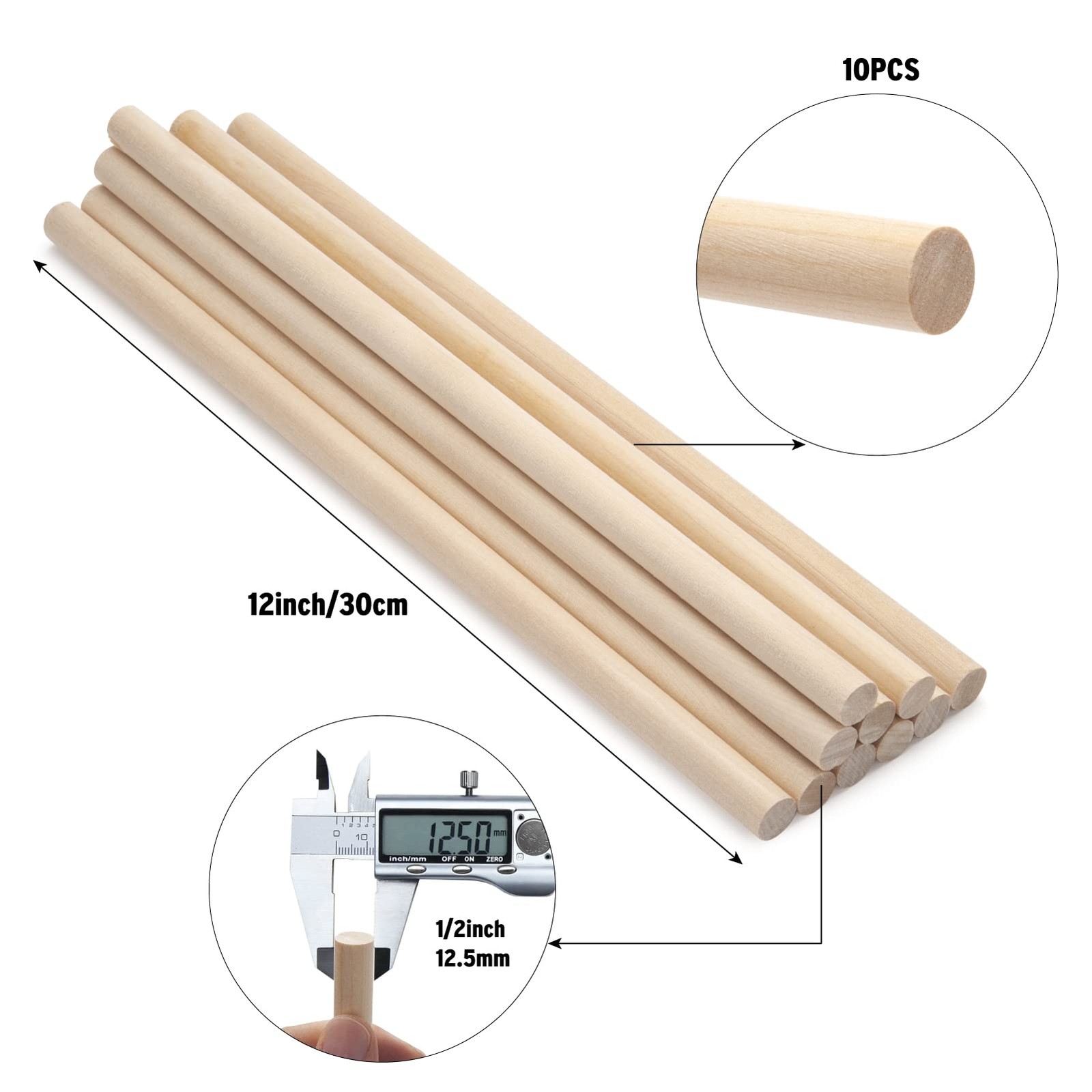 Wooden Dowel Rods Wood Dowels, 1/2″×12″-10PCS, Pack of 10 -1/2″×12″ Dowels