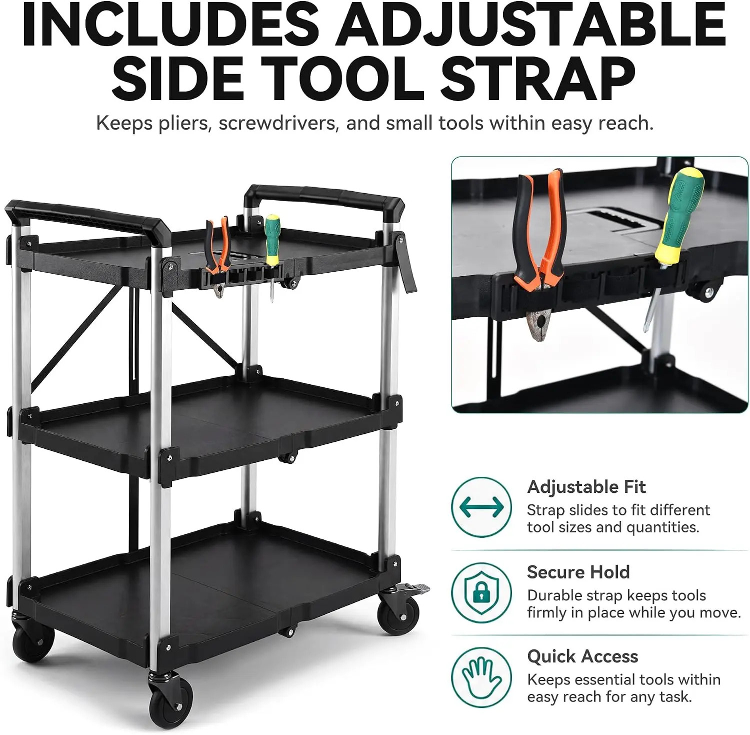 300 LBS Folding Service Cart 3 Tier Portable Cart w/Wheels&Tool Side Mount Strap