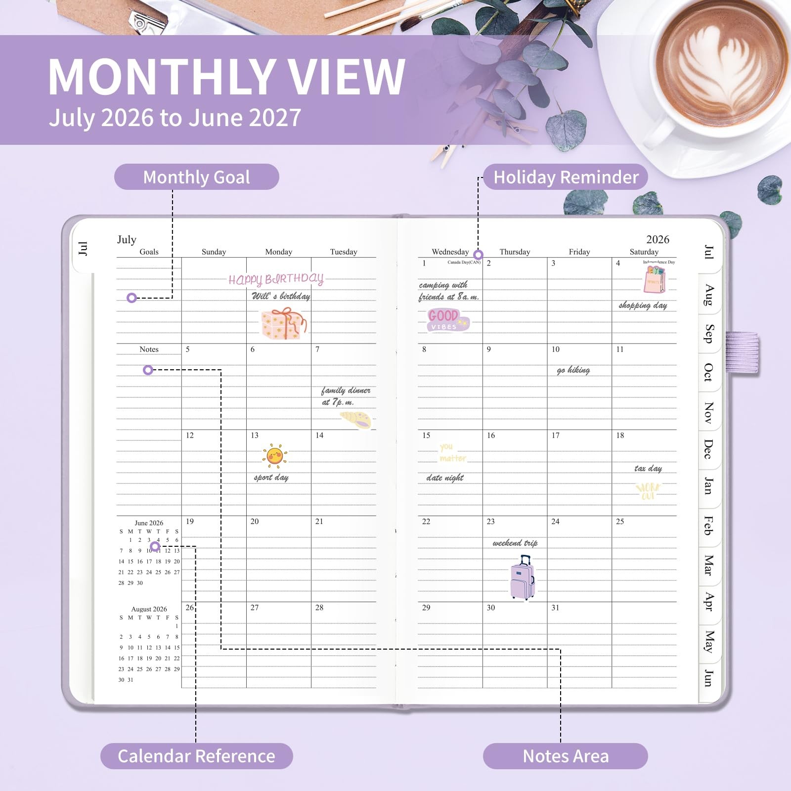 Planner 2026-2027, Weekly and Monthly Planner with Tabs from Jul 2026 – Jun 2027