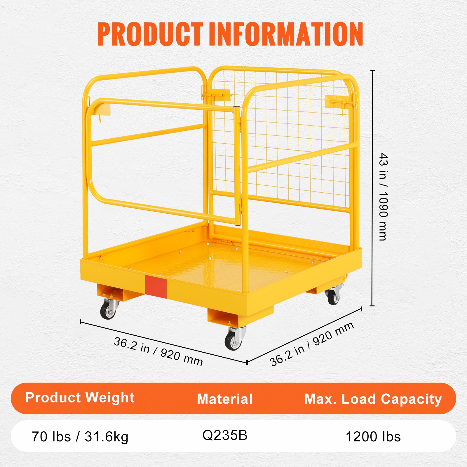 VEVOR 36″x36″ Forklift Safety Cage Work Platform 1200lbs w/Wheels for Aerial